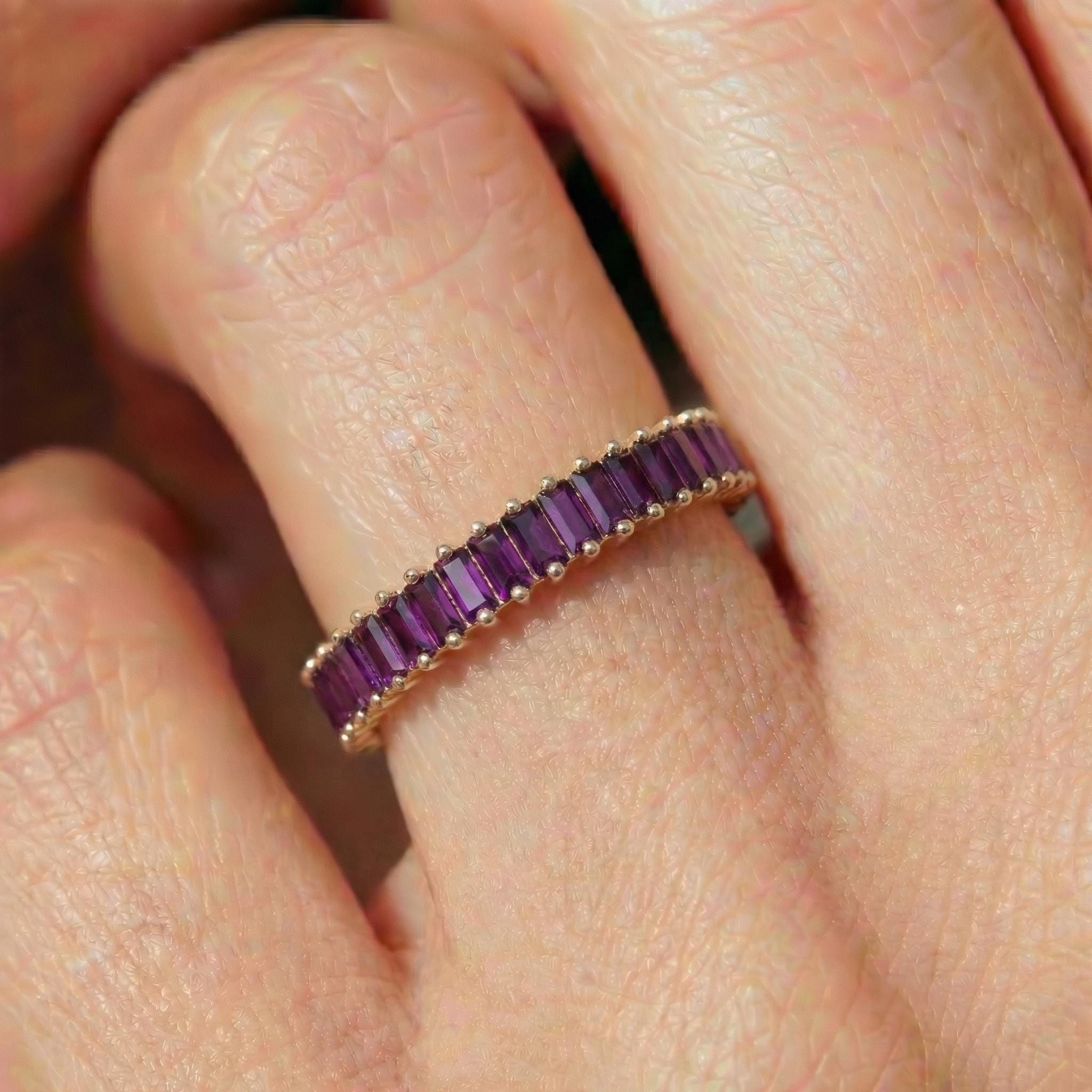 Baguette Amethyst Wedding Band, 18K Gold Stackable Ring, Promise Ring Gift for Women, February Birthstone