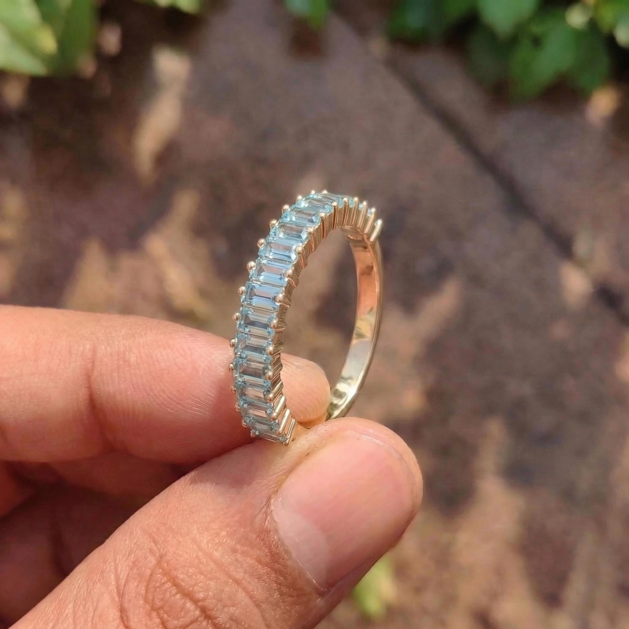 Baguette Aquamarine Wedding Band, 18K Gold Stackable Ring, Promise Ring Gift for Women, March Birthstone