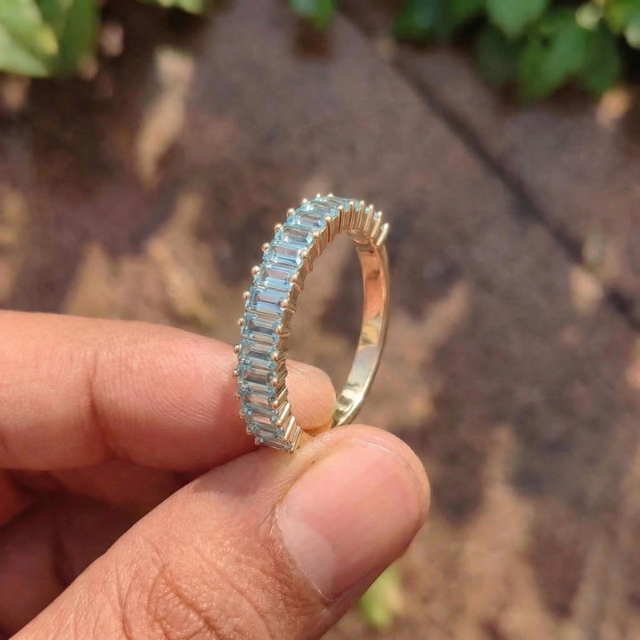 Baguette Aquamarine Wedding Band, 18K Gold Stackable Ring, Promise Ring Gift for Women, March Birthstone