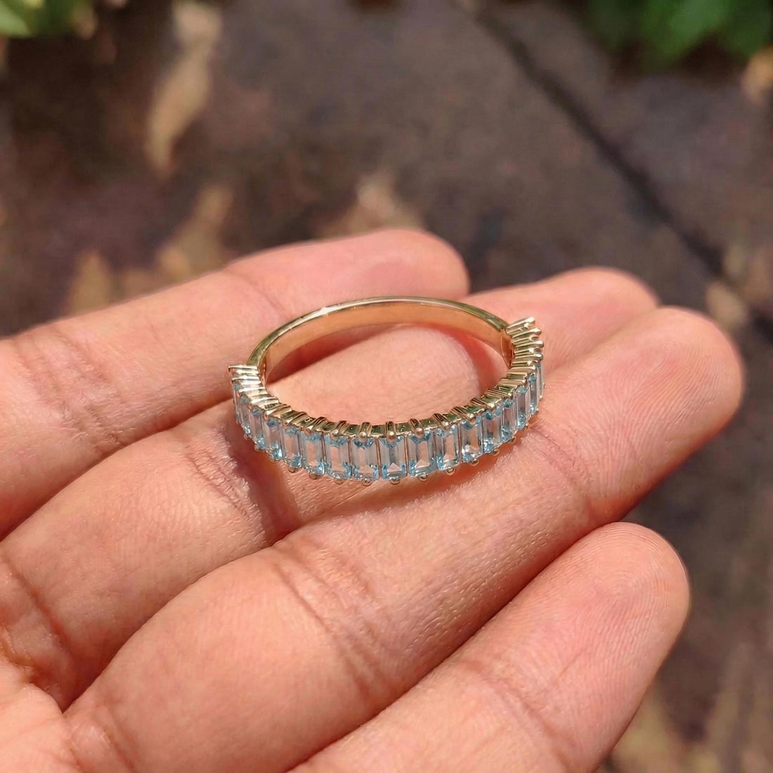Baguette Aquamarine Wedding Band, 18K Gold Stackable Ring, Promise Ring Gift for Women, March Birthstone