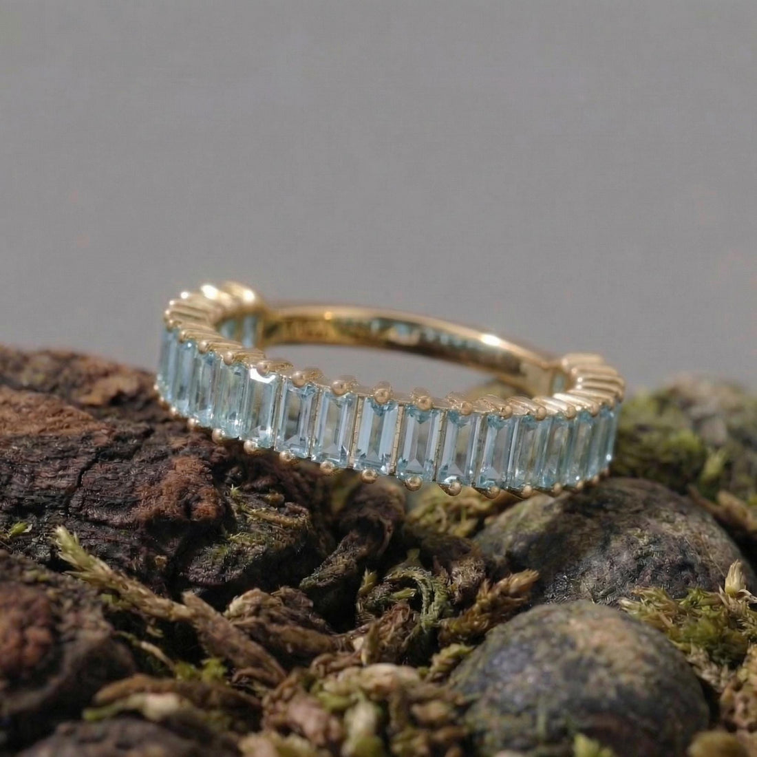 Baguette Aquamarine Wedding Band, 18K Gold Stackable Ring, Promise Ring Gift for Women, March Birthstone