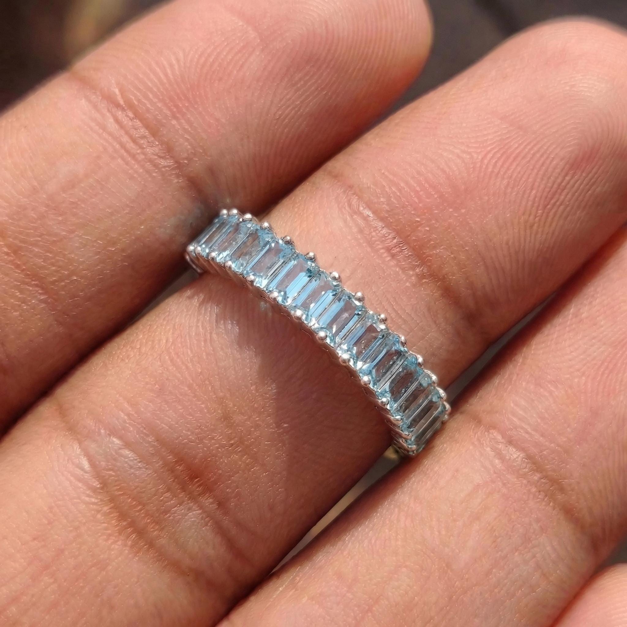 Baguette Aquamarine Wedding Band, 18K Gold Stackable Ring, Promise Ring Gift for Women, March Birthstone