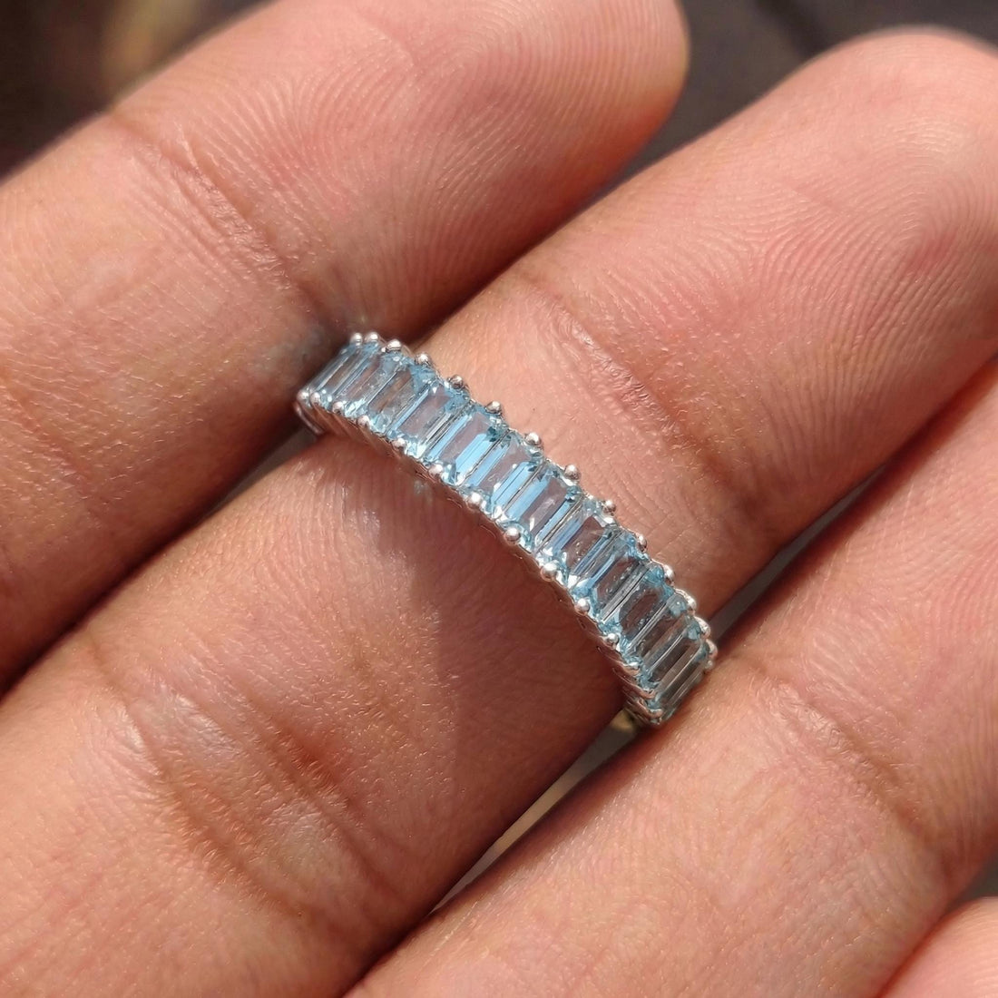 Baguette Aquamarine Wedding Band, 18K Gold Stackable Ring, Promise Ring Gift for Women, March Birthstone