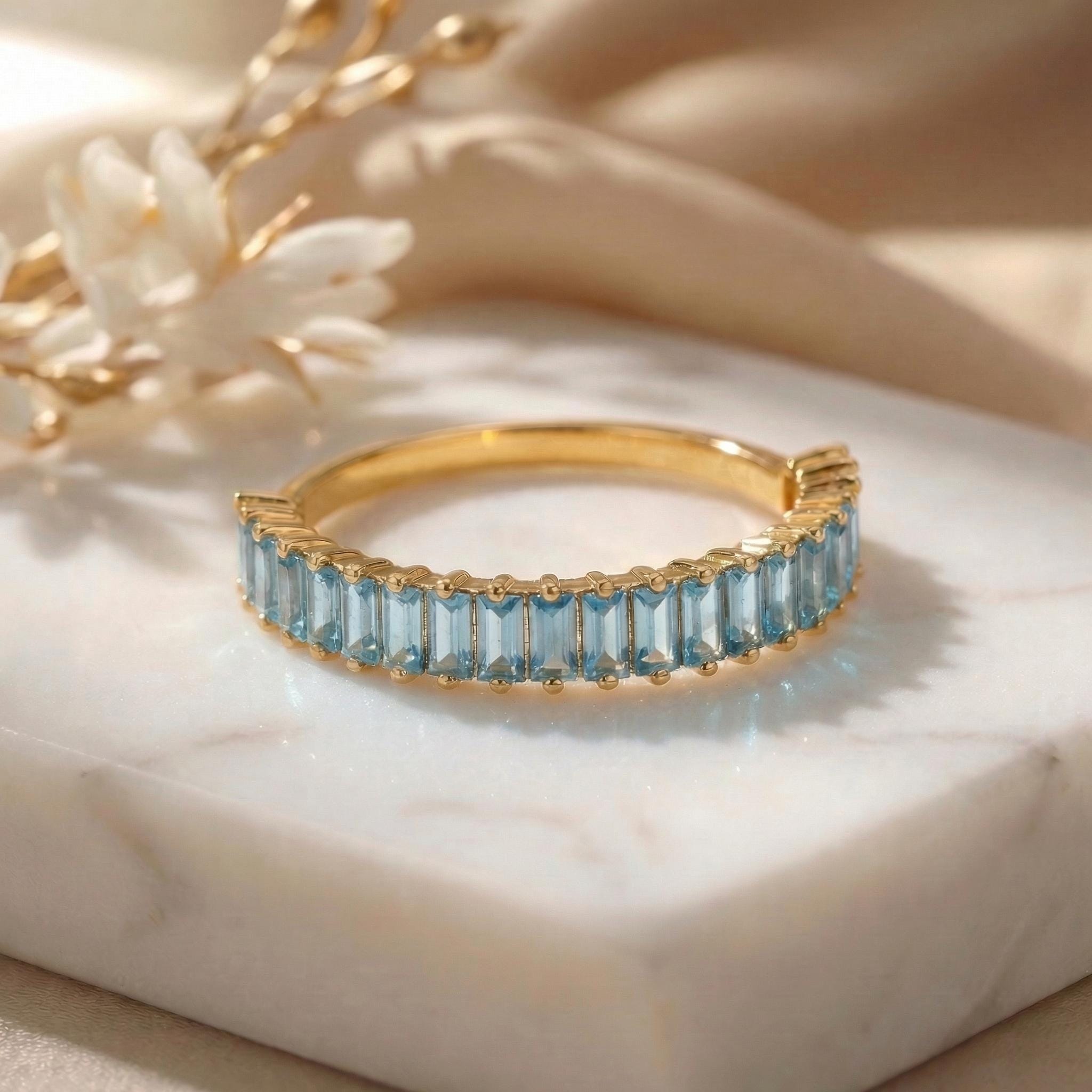 Baguette Aquamarine Wedding Band, 18K Gold Stackable Ring, Promise Ring Gift for Women, March Birthstone