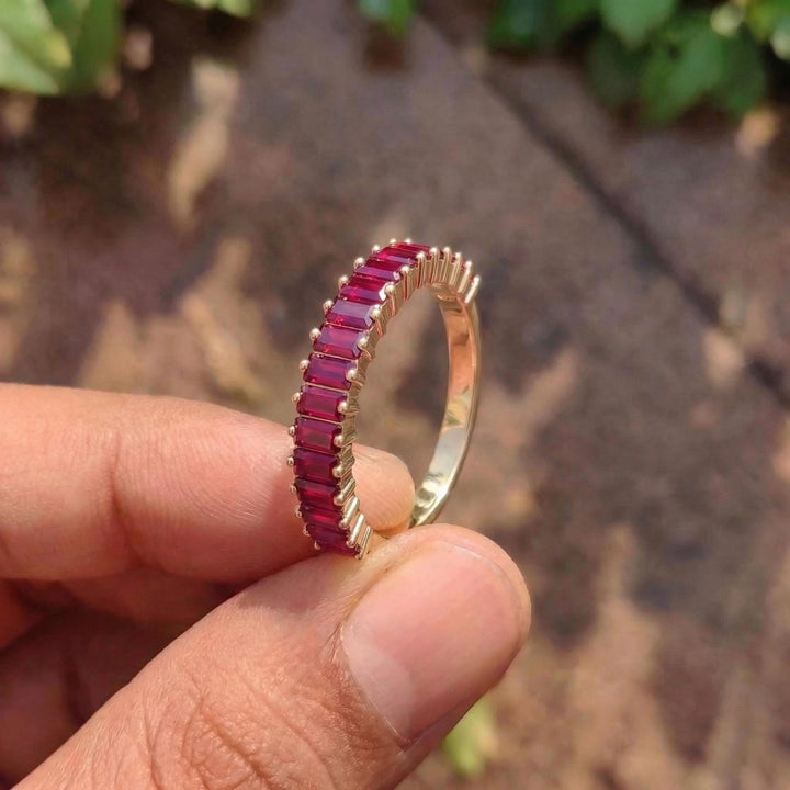 Baguette Ruby Wedding Band, 18K Gold Stackable Ring, Promise Ring Gift for Women, July Birthstone