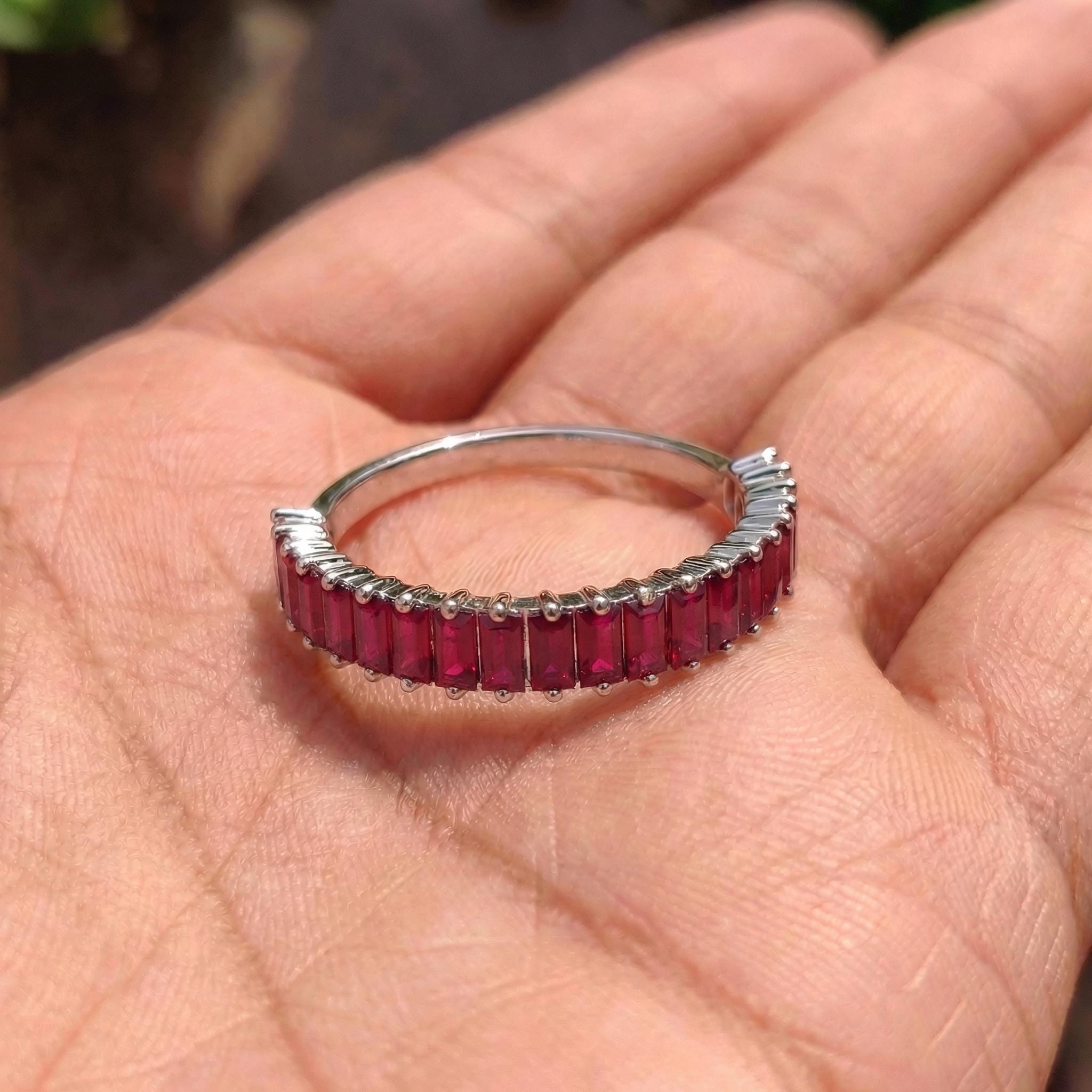 Baguette Ruby Wedding Band, 18K Gold Stackable Ring, Promise Ring Gift for Women, July Birthstone