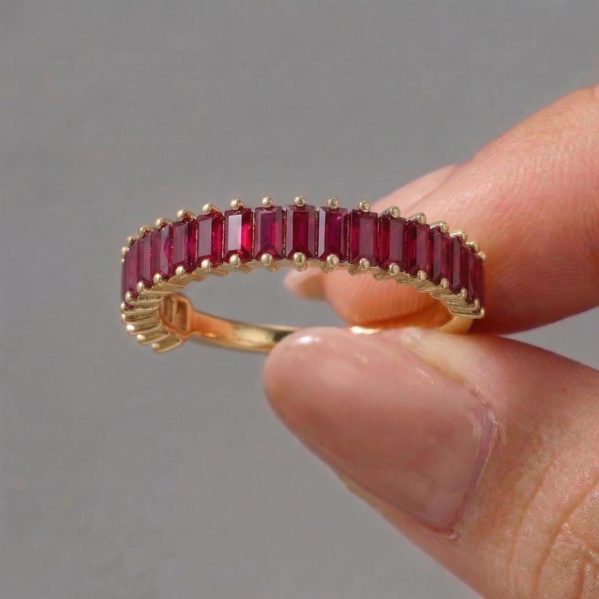 Baguette Ruby Wedding Band, 18K Gold Stackable Ring, Promise Ring Gift for Women, July Birthstone