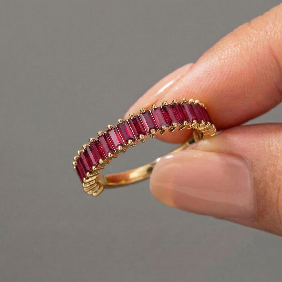 Baguette Ruby Wedding Band, 18K Gold Stackable Ring, Promise Ring Gift for Women, July Birthstone