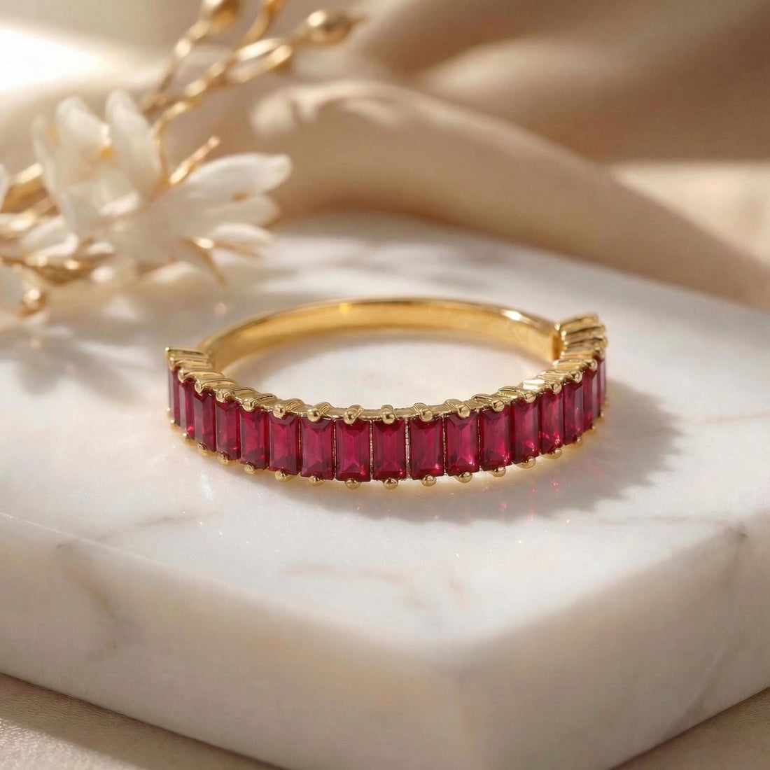 Baguette Ruby Wedding Band, 18K Gold Stackable Ring, Promise Ring Gift for Women, July Birthstone