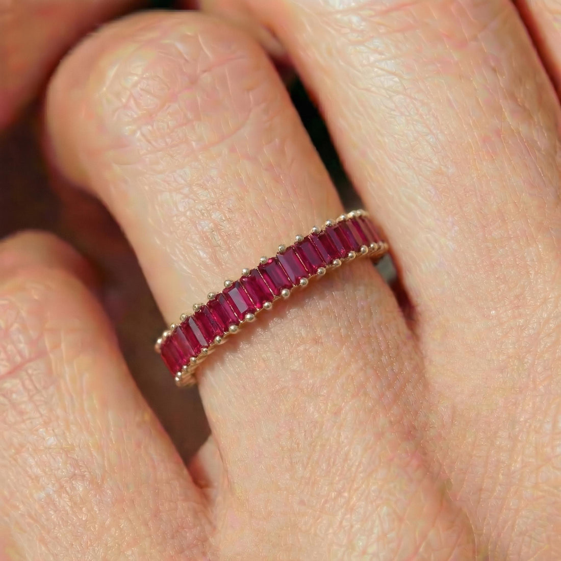Baguette Ruby Wedding Band, 18K Gold Stackable Ring, Promise Ring Gift for Women, July Birthstone