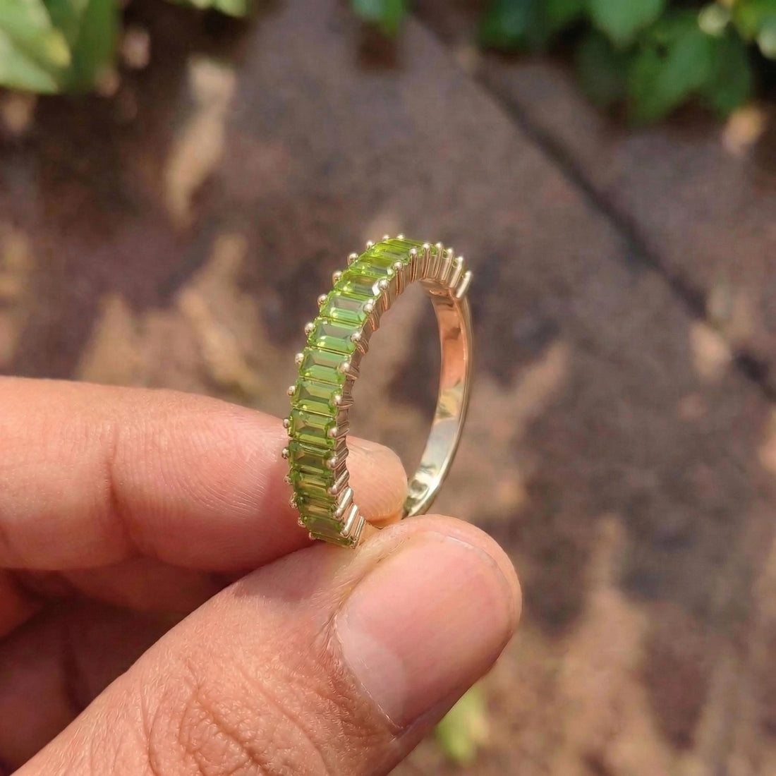 Baguette Peridot Wedding Band, 18K Gold Stackable Ring, Promise Ring Gift for Women, January Birthstone