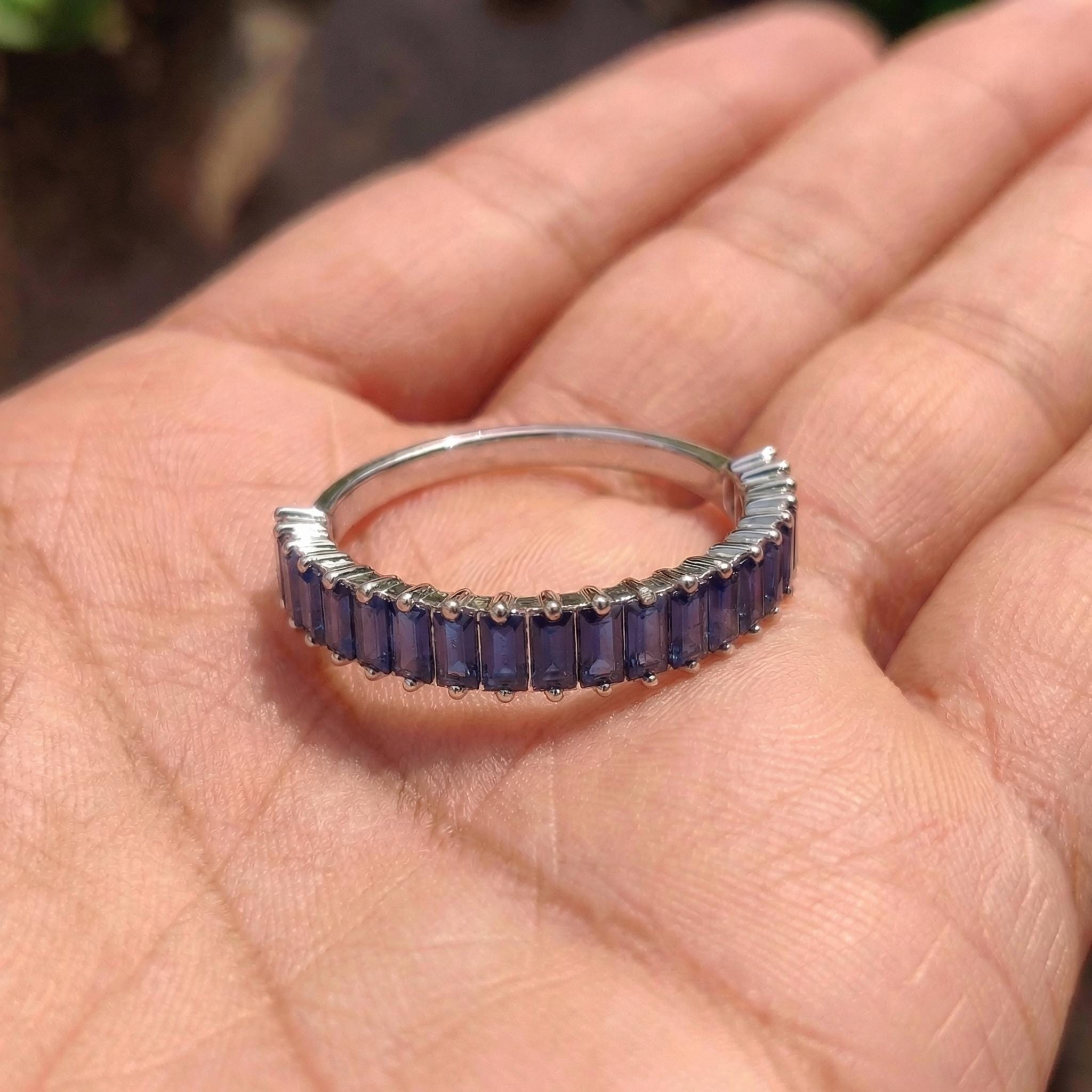 Baguette Blue Sapphire Wedding Band, 18K Gold Stackable Ring, Promise Ring Gift for Women, September Birthstone