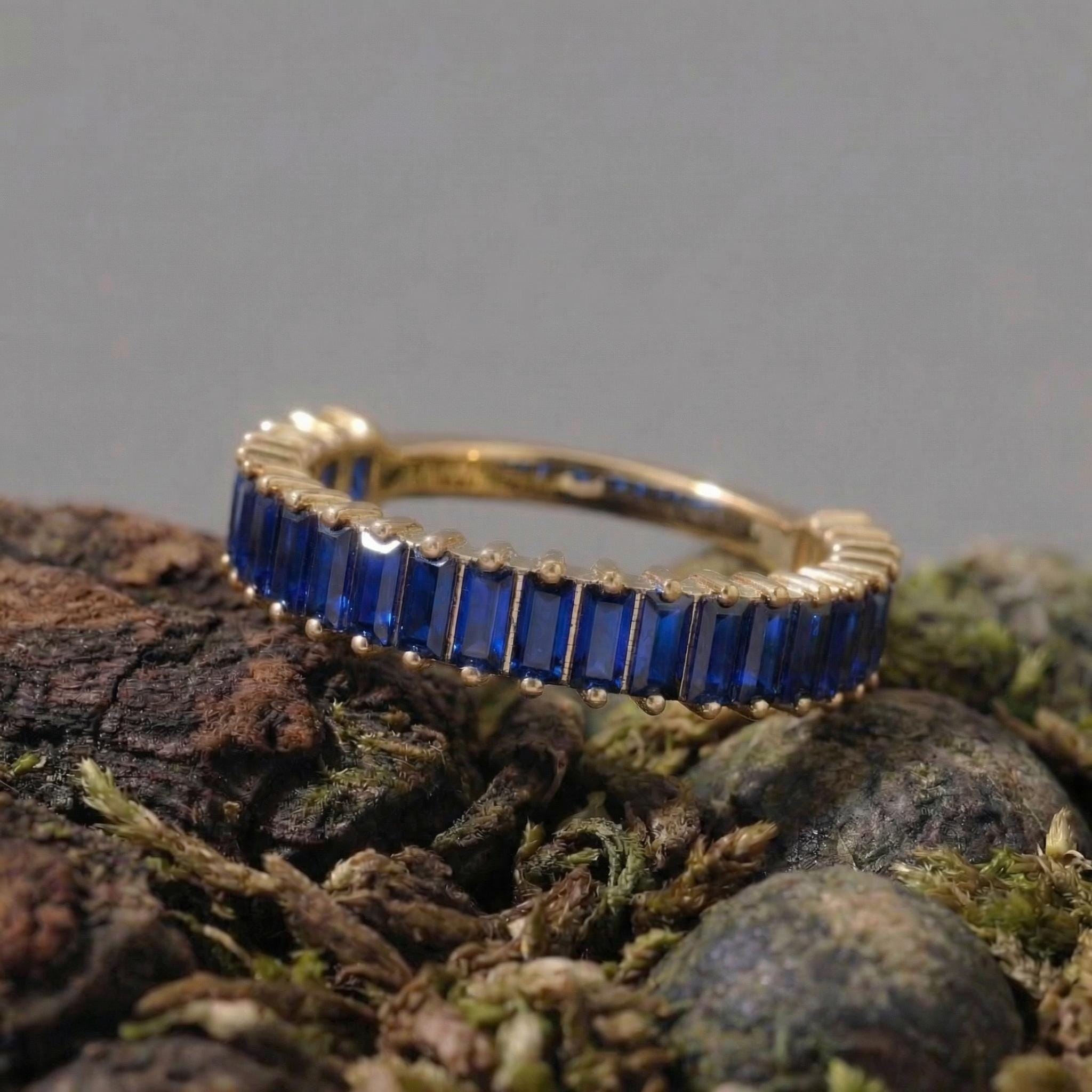 Baguette Blue Sapphire Wedding Band, 18K Gold Stackable Ring, Promise Ring Gift for Women, September Birthstone