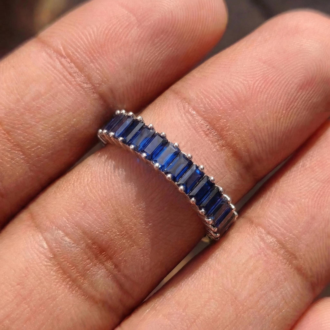 Baguette Blue Sapphire Wedding Band, 18K Gold Stackable Ring, Promise Ring Gift for Women, September Birthstone