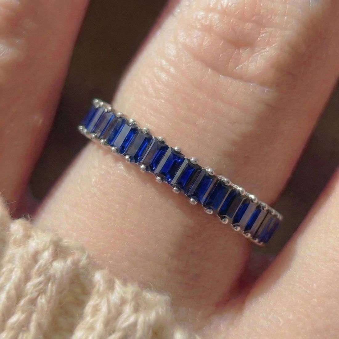 Baguette Blue Sapphire Wedding Band, 18K Gold Stackable Ring, Promise Ring Gift for Women, September Birthstone