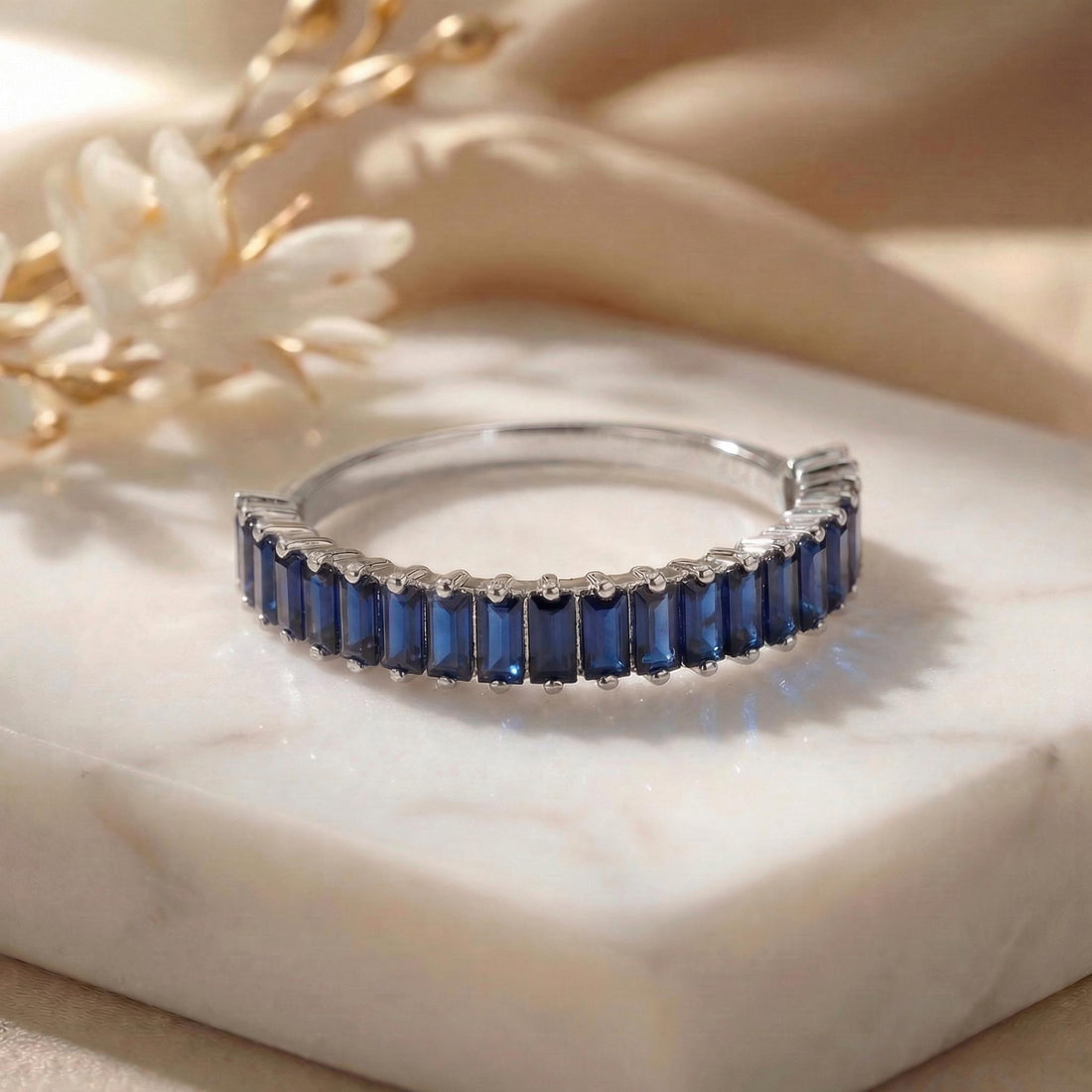 Baguette Blue Sapphire Wedding Band, 18K Gold Stackable Ring, Promise Ring Gift for Women, September Birthstone