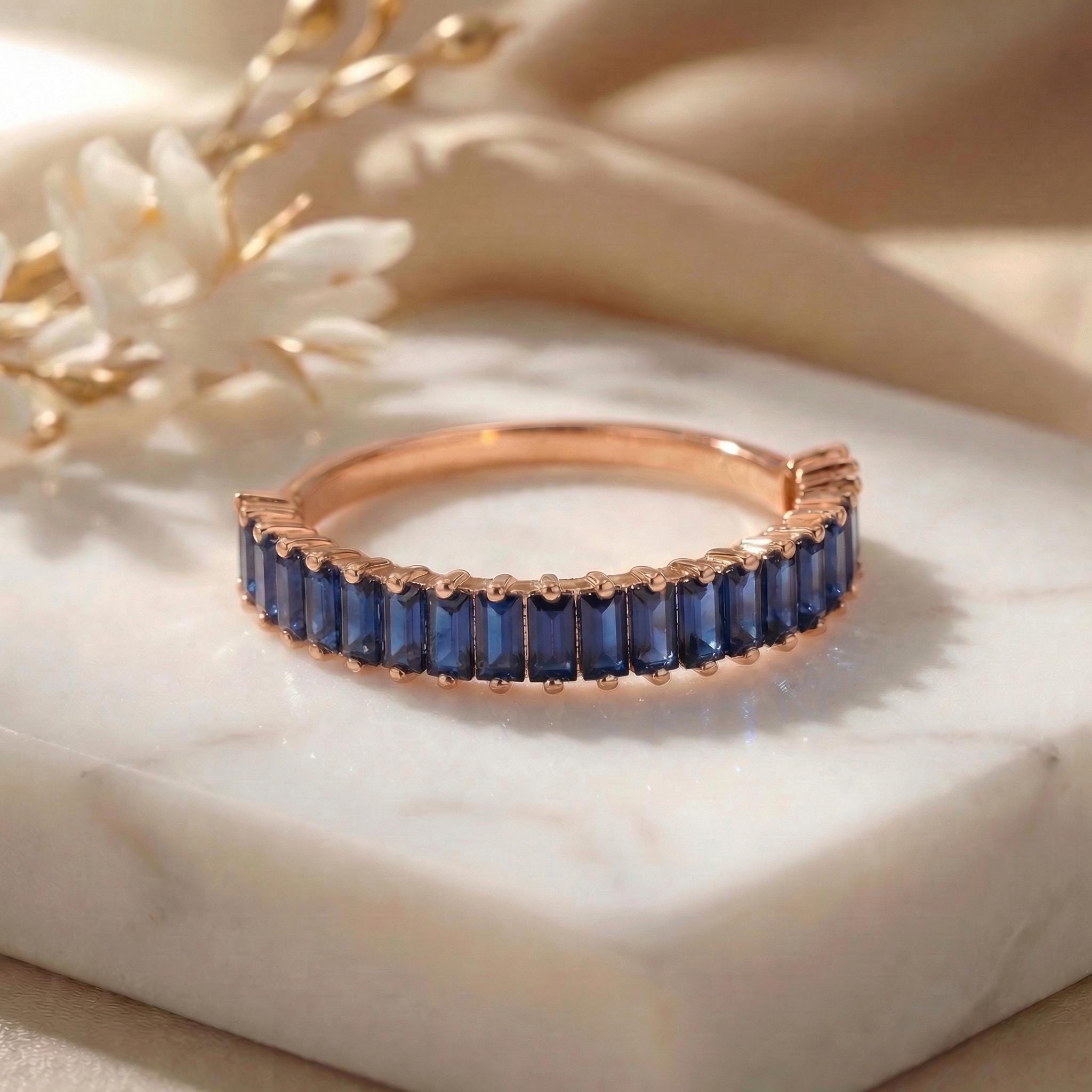 Baguette Blue Sapphire Wedding Band, 18K Gold Stackable Ring, Promise Ring Gift for Women, September Birthstone