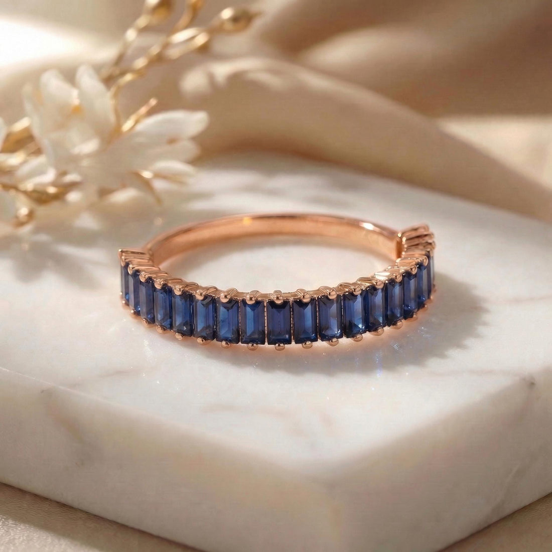 Baguette Blue Sapphire Wedding Band, 18K Gold Stackable Ring, Promise Ring Gift for Women, September Birthstone