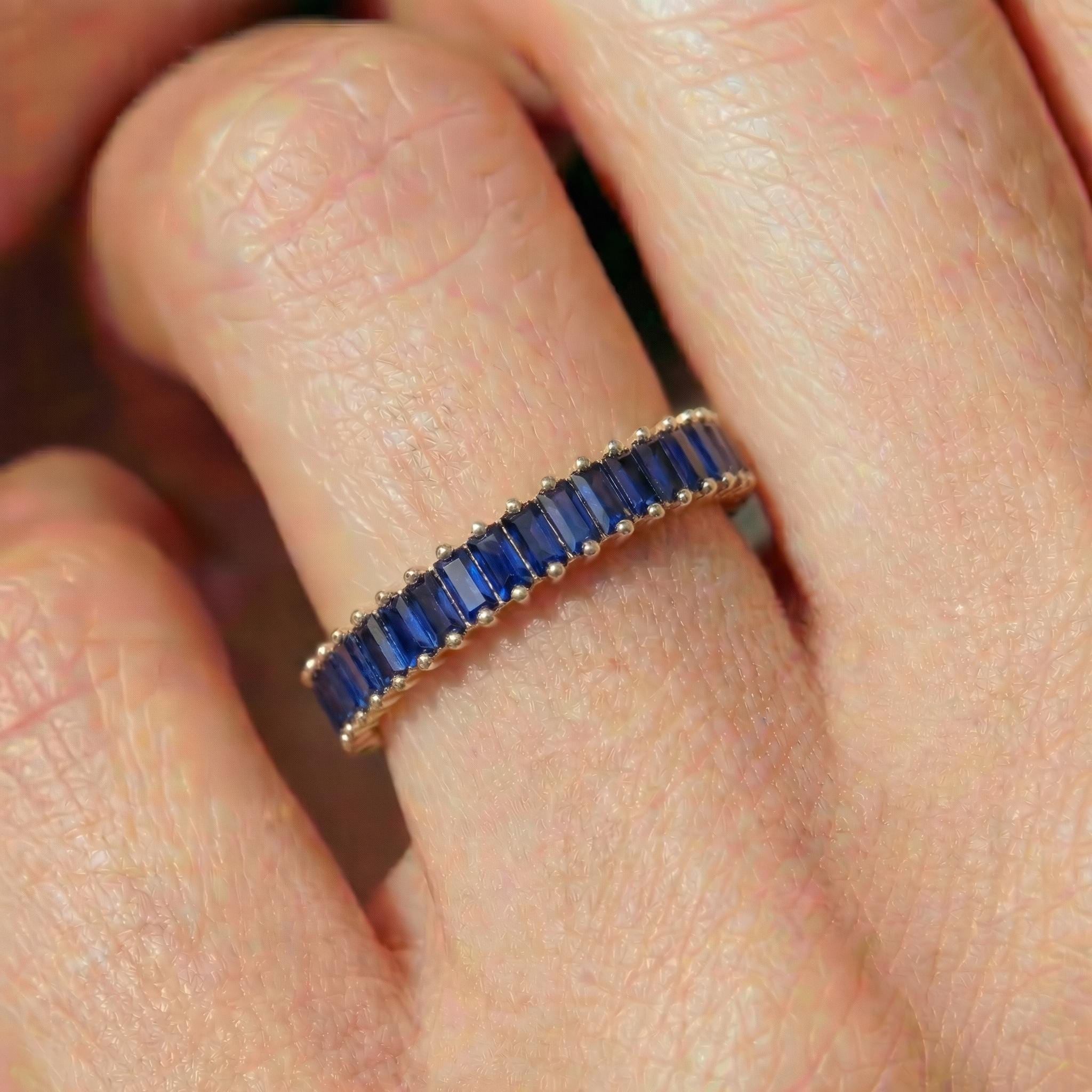Baguette Blue Sapphire Wedding Band, 18K Gold Stackable Ring, Promise Ring Gift for Women, September Birthstone