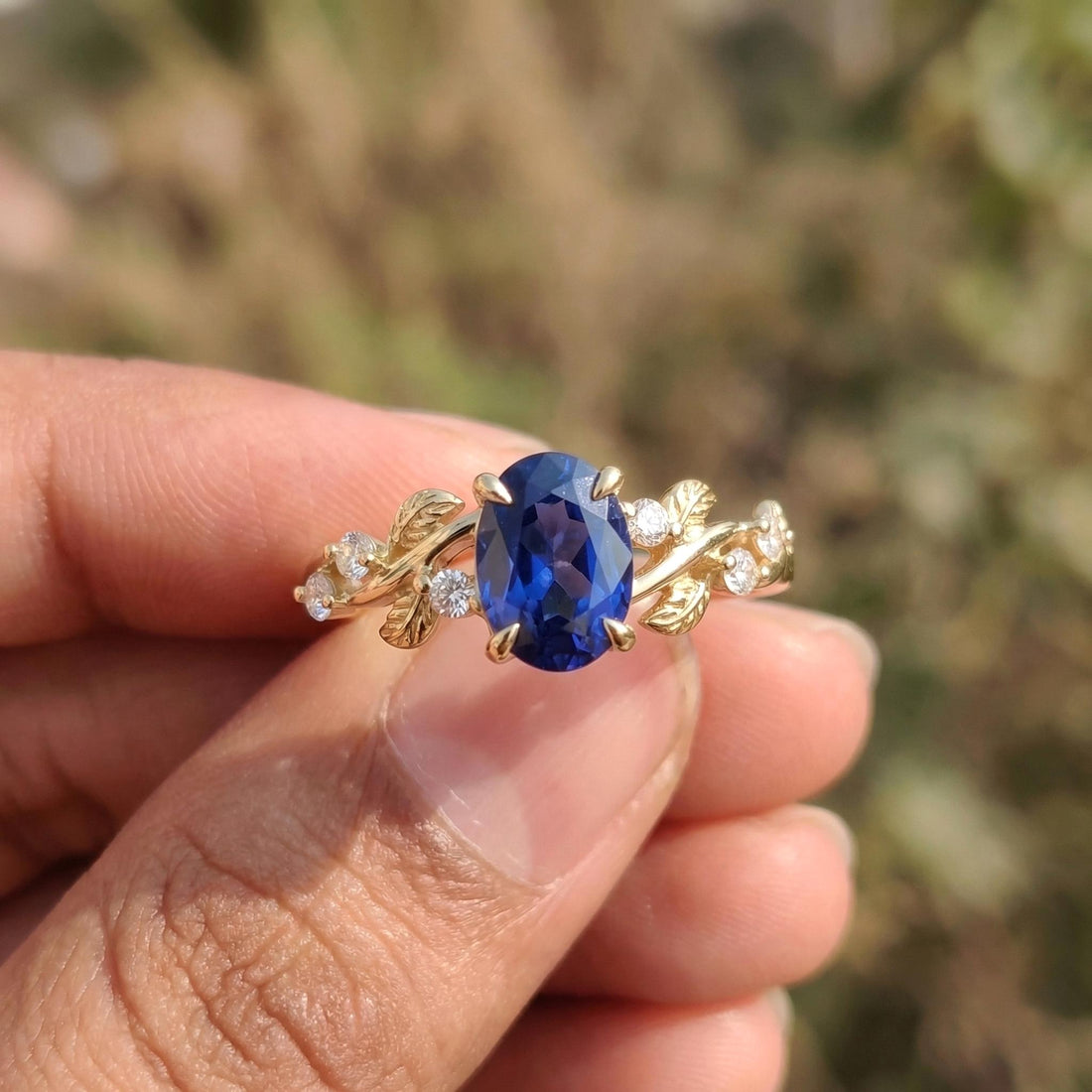 Oval Sapphire Engagement Ring, Nature Inspired Leaf Branch Twist Ring, Wedding Ring for Women, Anniversary Gift