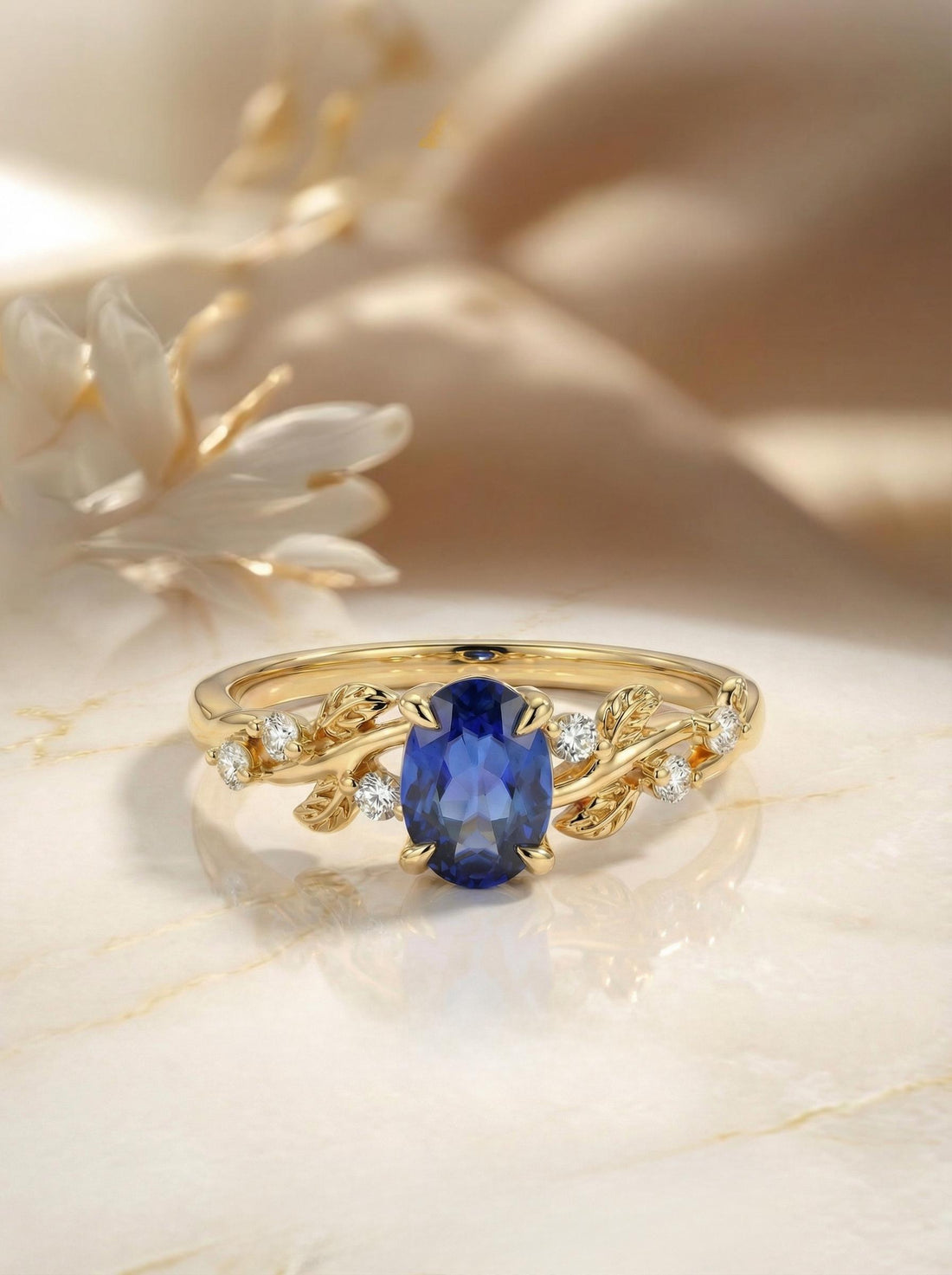 Oval Sapphire Engagement Ring, Nature Inspired Leaf Branch Twist Ring, Wedding Ring for Women, Anniversary Gift