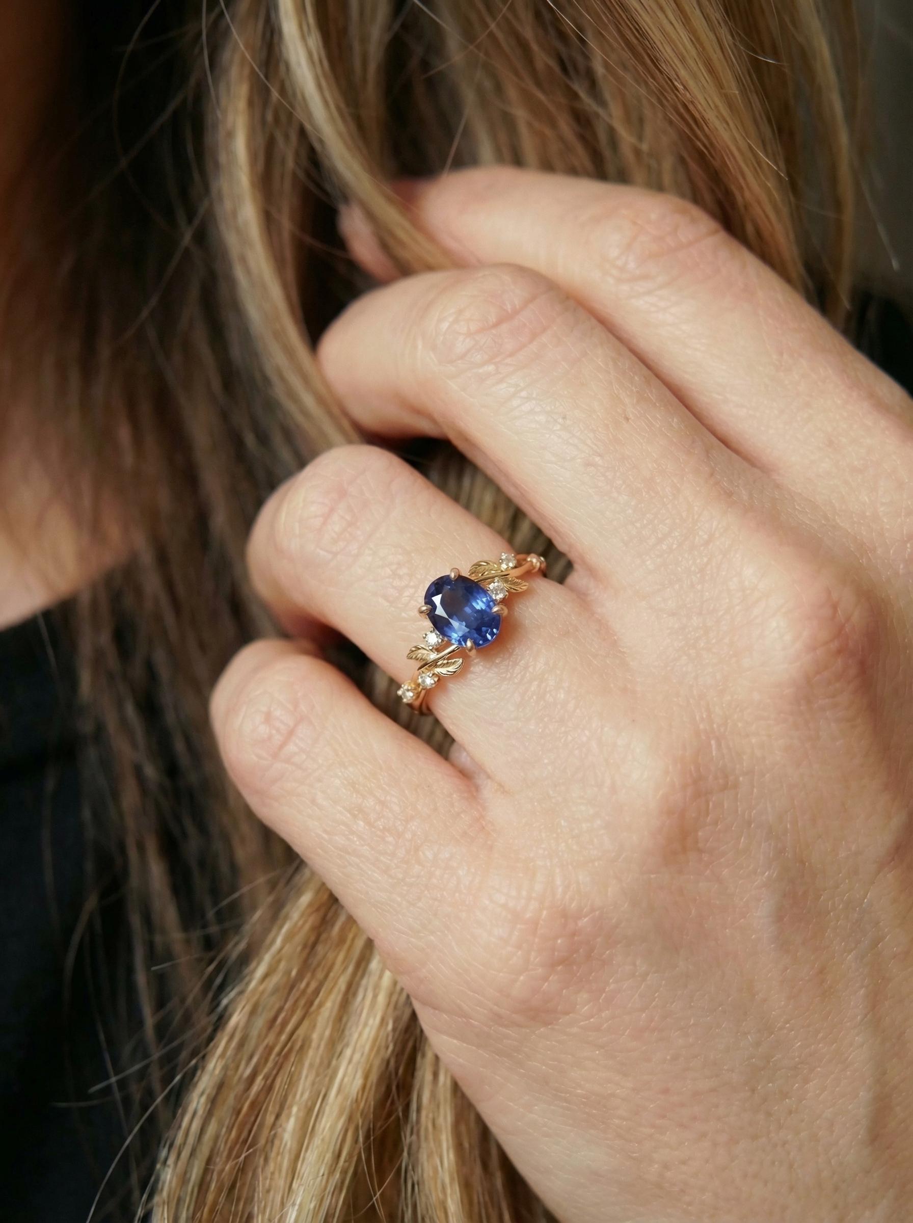 Oval Sapphire Engagement Ring, Nature Inspired Leaf Branch Twist Ring, Wedding Ring for Women, Anniversary Gift