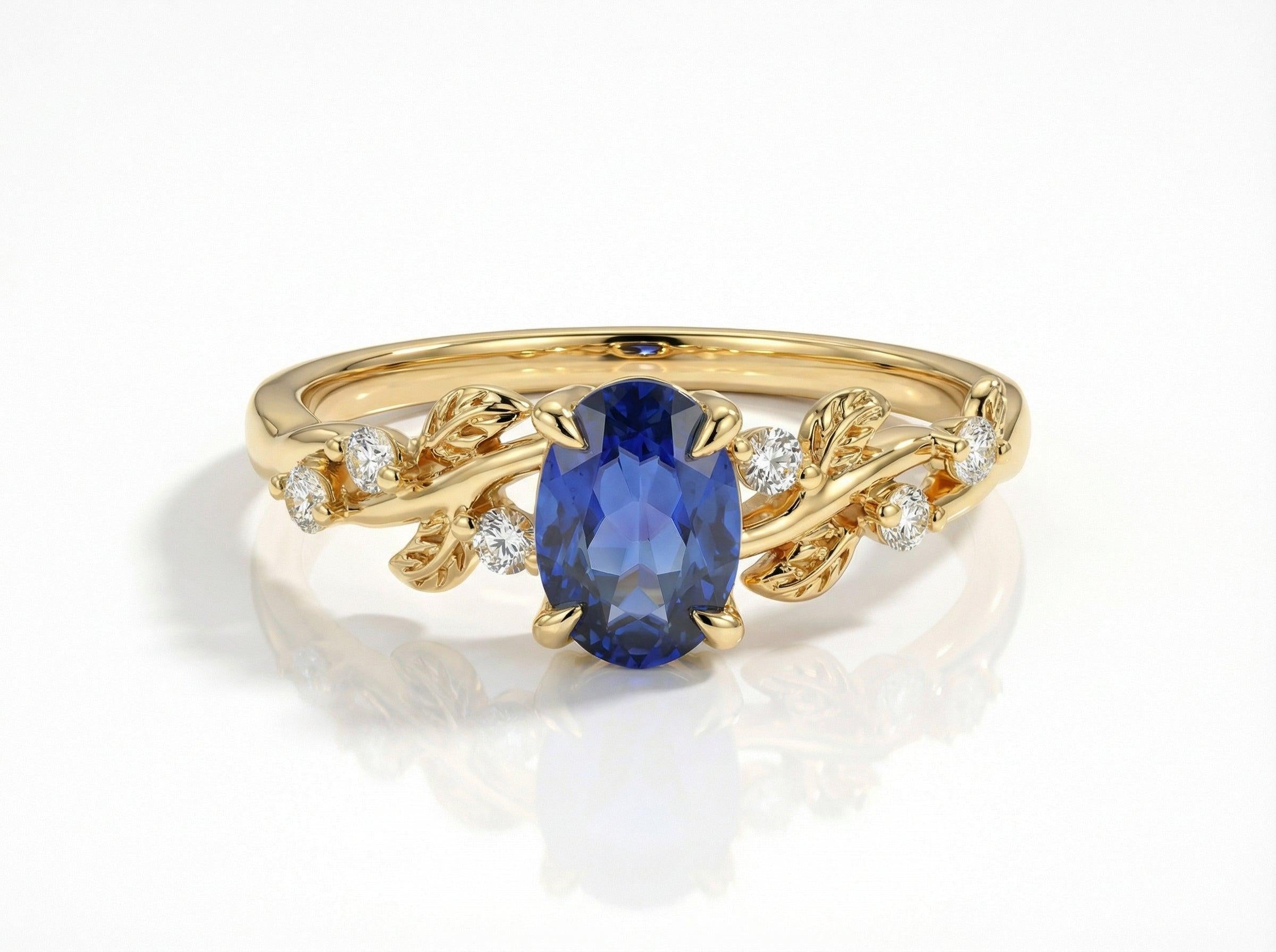 Oval Sapphire Engagement Ring, Nature Inspired Leaf Branch Twist Ring, Wedding Ring for Women, Anniversary Gift
