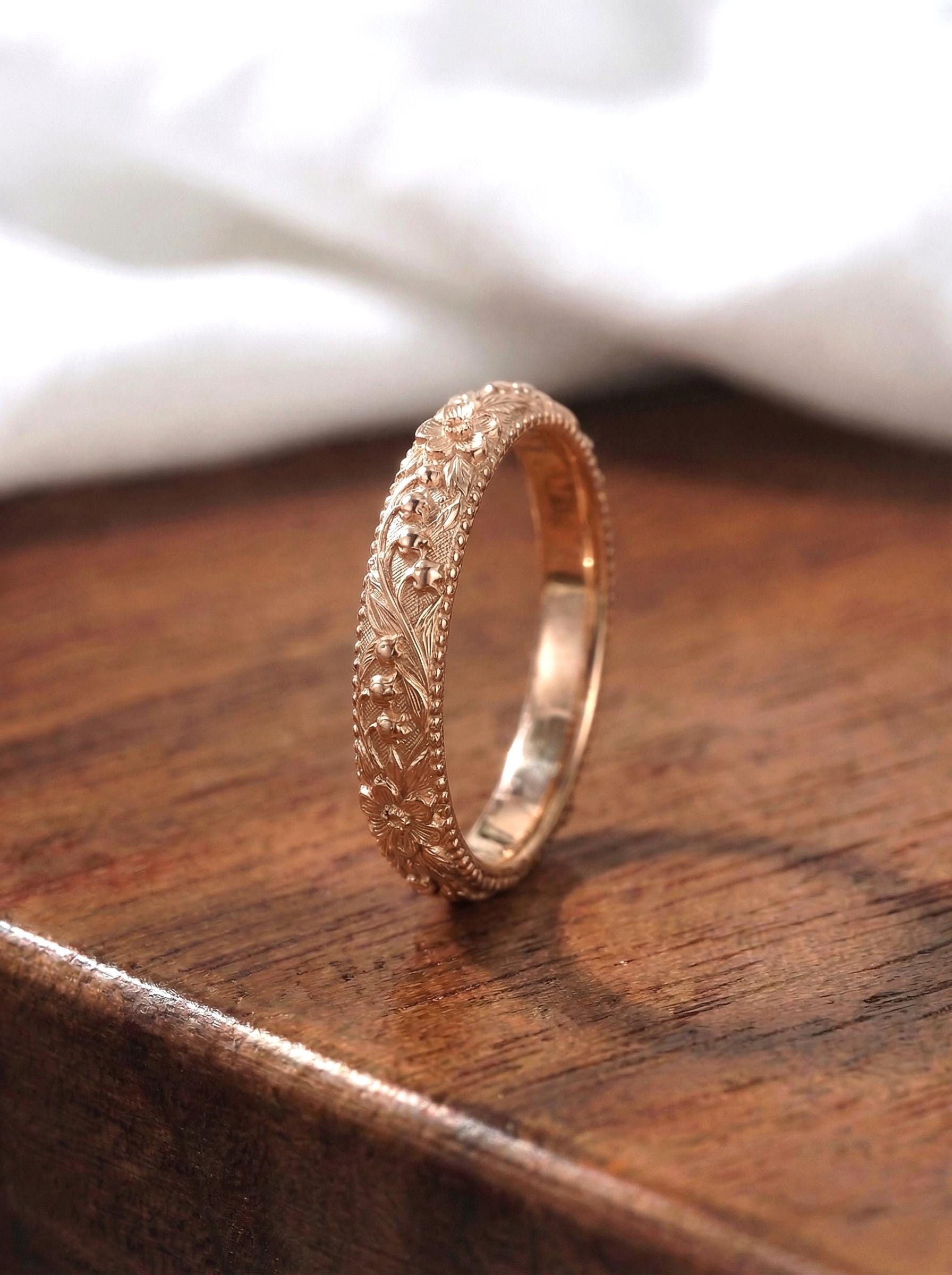 Lily of the Valley Floral Wedding Band, Unique Flower 10K/14K/18K Plain Gold Antique Ring, May Birth Flower Band