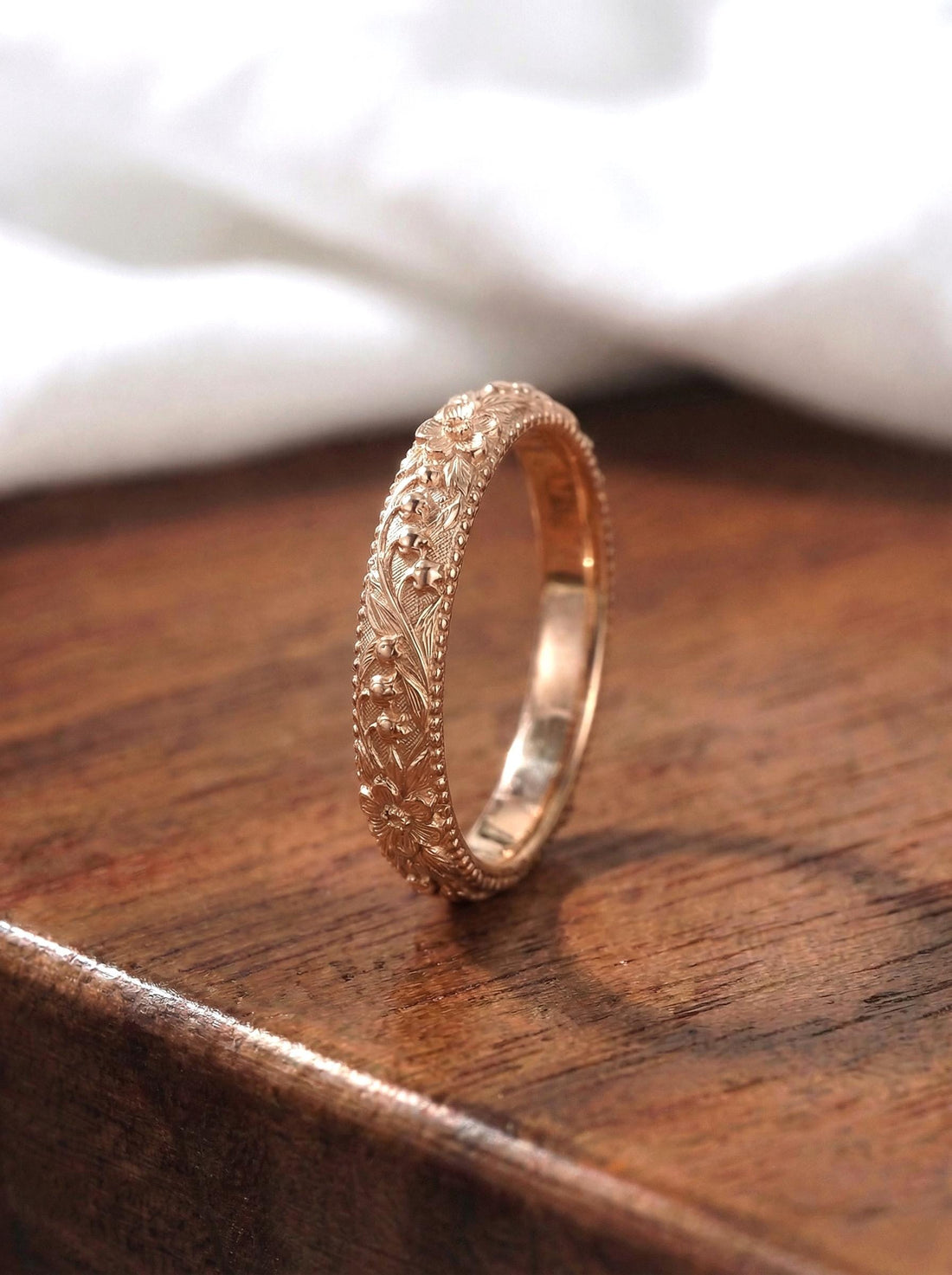 Lily of the Valley Floral Wedding Band, Unique Flower 10K/14K/18K Plain Gold Antique Ring, May Birth Flower Band