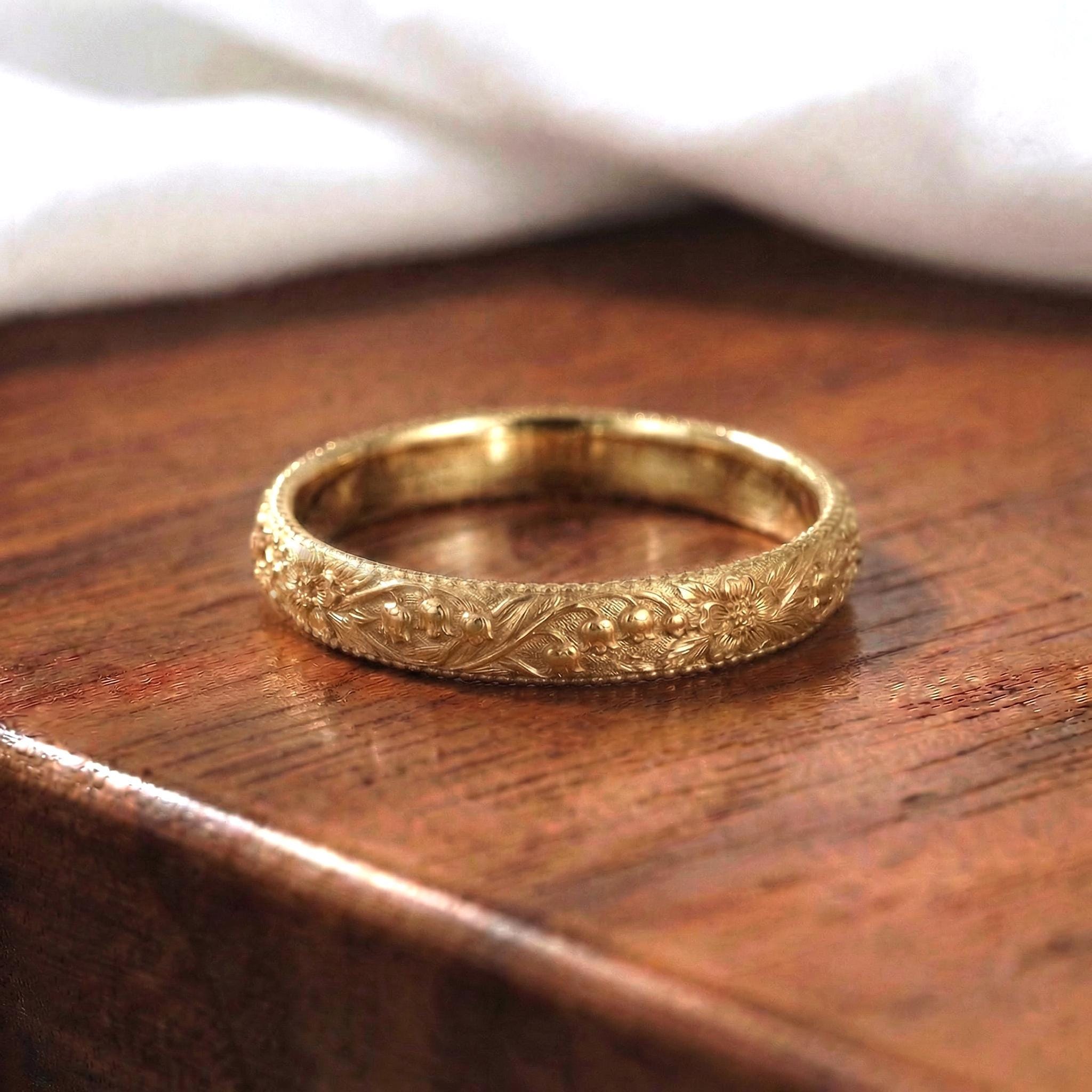 Lily of the Valley Floral Wedding Band, Unique Flower 10K/14K/18K Plain Gold Antique Ring, May Birth Flower Band