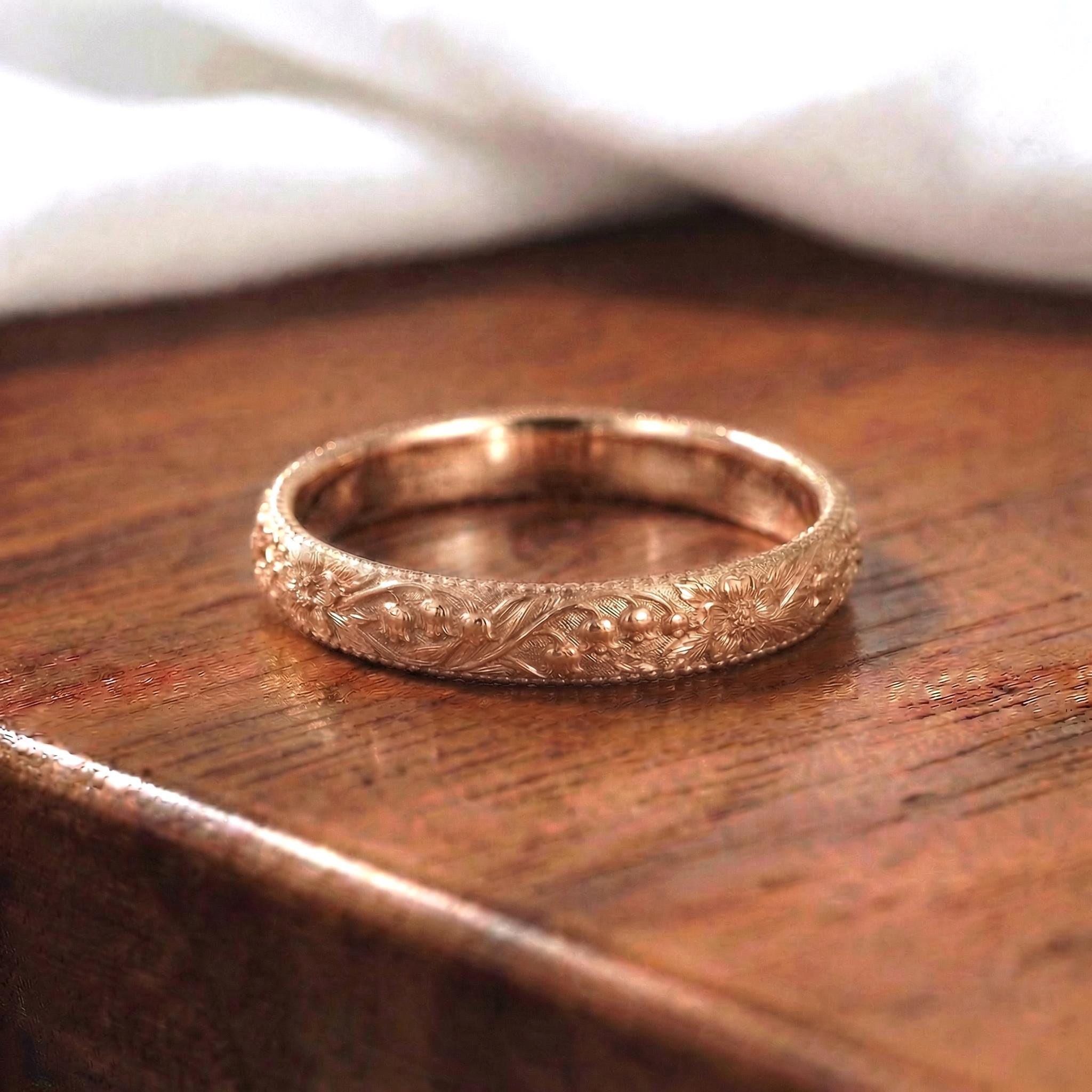 Lily of the Valley Floral Wedding Band, Unique Flower 10K/14K/18K Plain Gold Antique Ring, May Birth Flower Band