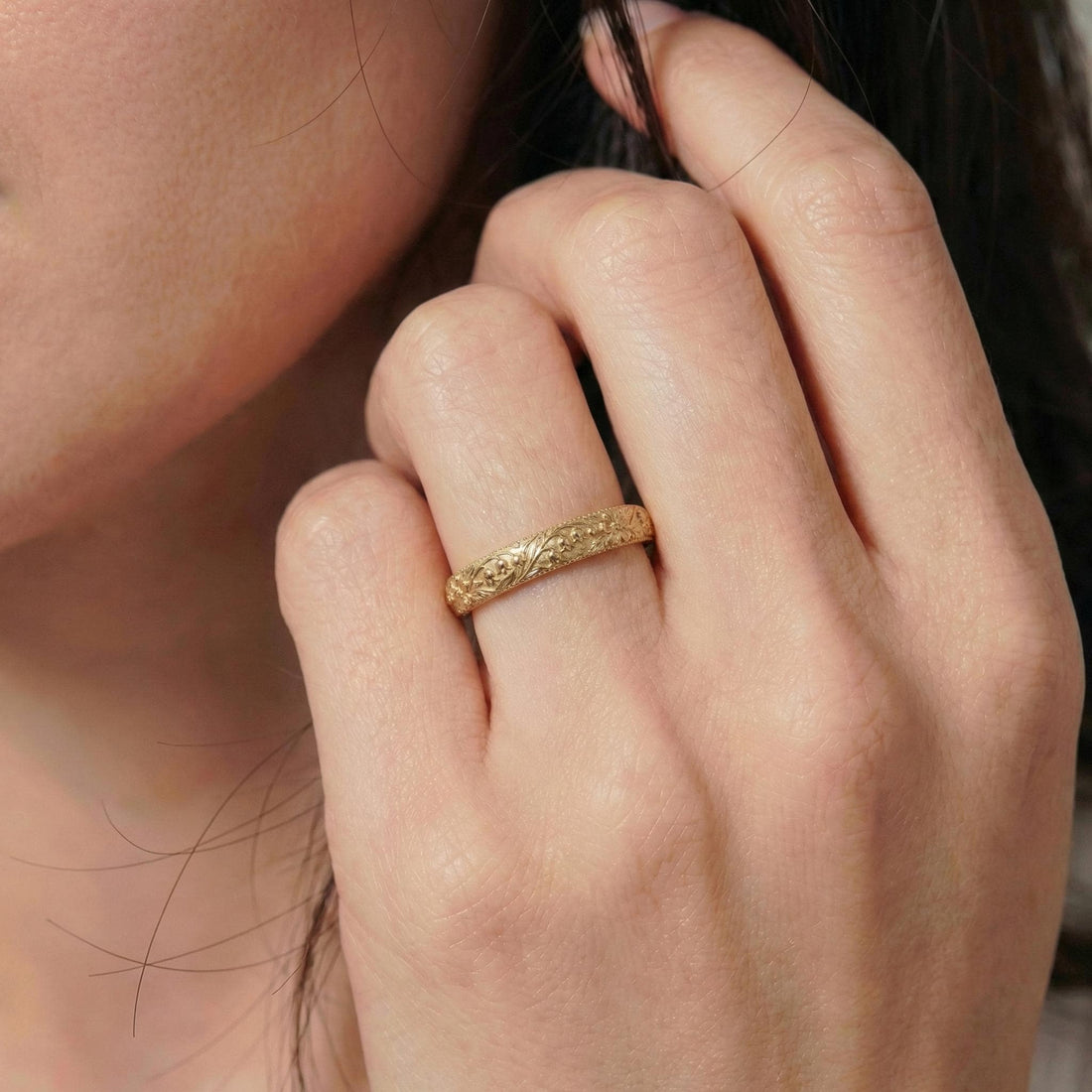Lily of the Valley Floral Wedding Band, Unique Flower 10K/14K/18K Plain Gold Antique Ring, May Birth Flower Band