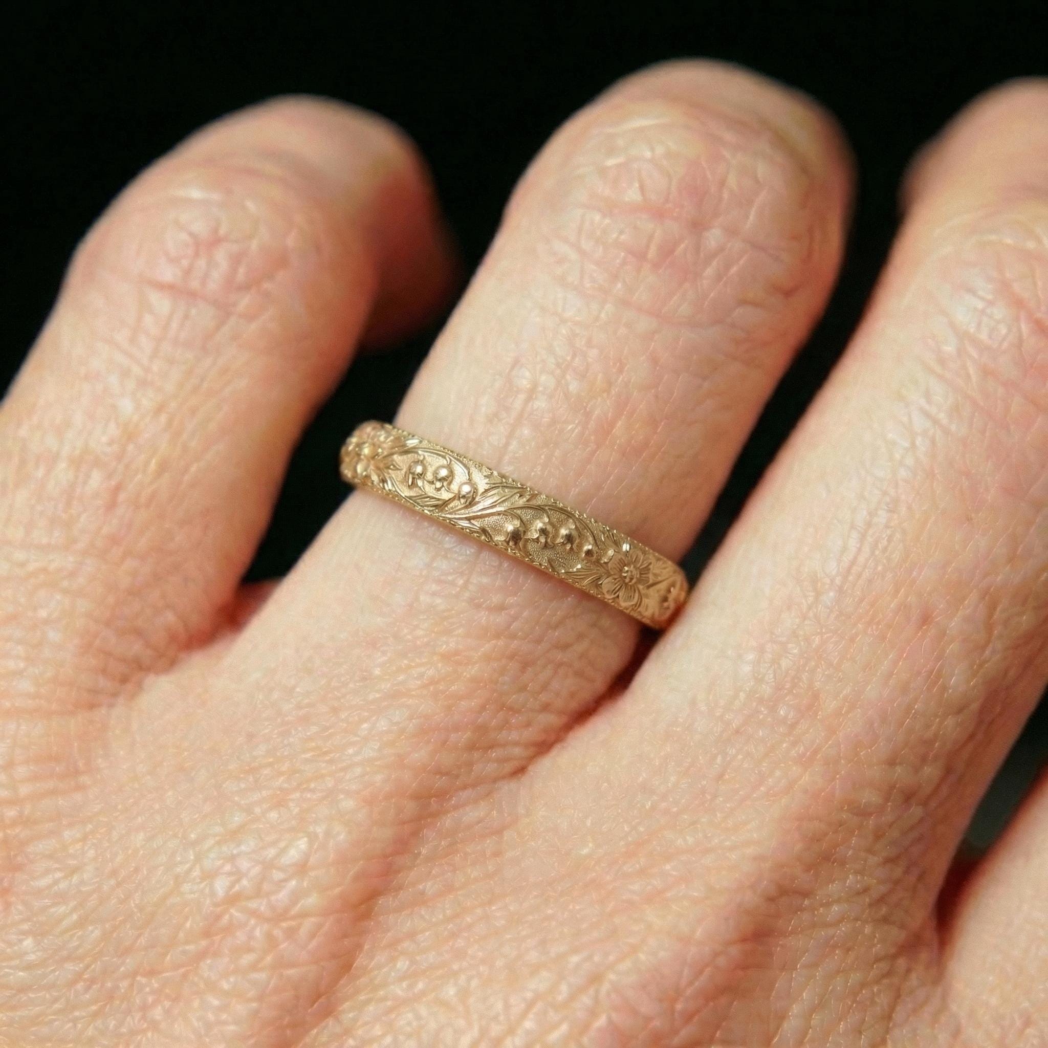 Lily of the Valley Floral Wedding Band, Unique Flower 10K/14K/18K Plain Gold Antique Ring, May Birth Flower Band