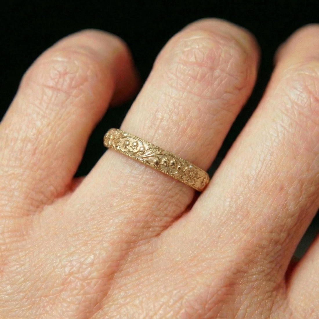 Lily of the Valley Floral Wedding Band, Unique Flower 10K/14K/18K Plain Gold Antique Ring, May Birth Flower Band