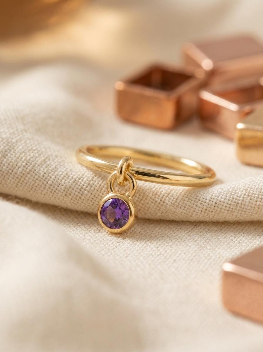 Amethyst Charm Ring Dainty Purple Gemstone Ring Minimalist Bezel Amethyst Ring February Birthstone Ring Delicate Gold Stackable Ring Gift