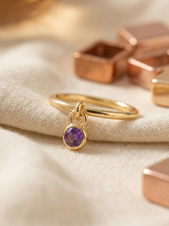 Amethyst Charm Ring Dainty Purple Gemstone Ring Minimalist Bezel Amethyst Ring February Birthstone Ring Delicate Gold Stackable Ring Gift