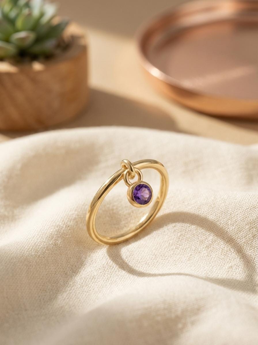 Amethyst Charm Ring Dainty Purple Gemstone Ring Minimalist Bezel Amethyst Ring February Birthstone Ring Delicate Gold Stackable Ring Gift