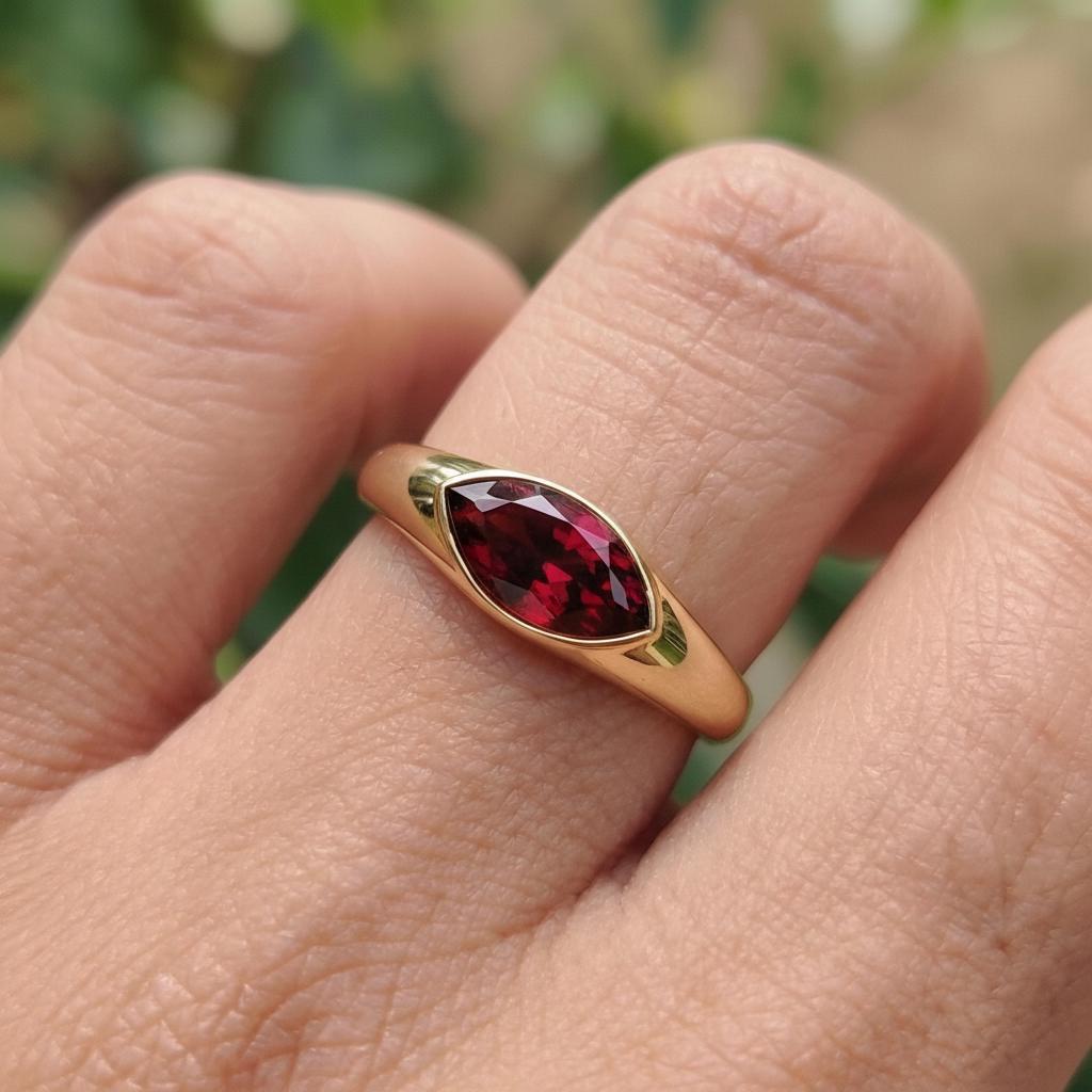 1.5ct Marquise Bezel Garnet Ring, 14K Solid Gold Signet Engagement Ring, Minimalist Pinky Promise Gift, January Birthstone Ring
