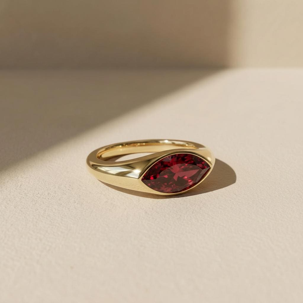 1.5ct Marquise Bezel Garnet Ring, 14K Solid Gold Signet Engagement Ring, Minimalist Pinky Promise Gift, January Birthstone Ring