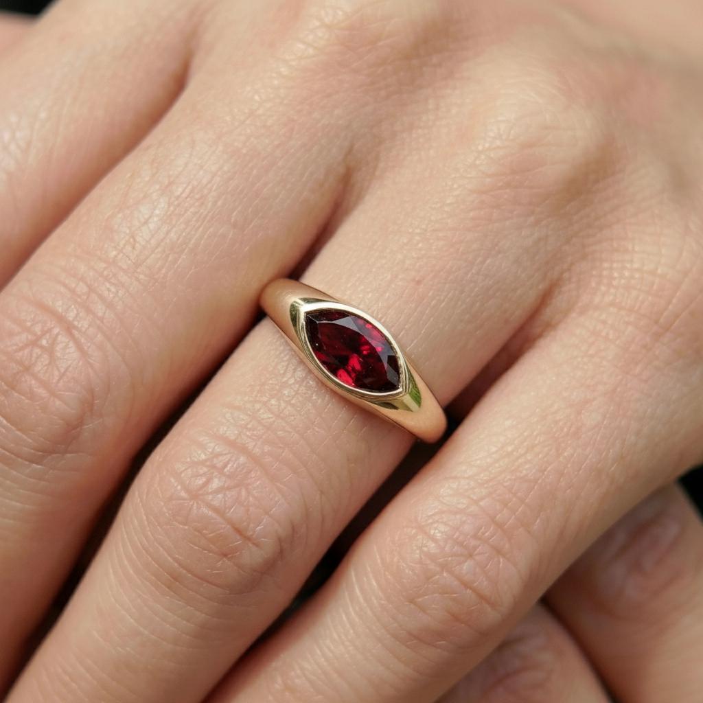 1.5ct Marquise Bezel Garnet Ring, 14K Solid Gold Signet Engagement Ring, Minimalist Pinky Promise Gift, January Birthstone Ring