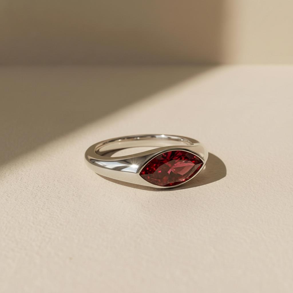 1.5ct Marquise Bezel Garnet Ring, 14K Solid Gold Signet Engagement Ring, Minimalist Pinky Promise Gift, January Birthstone Ring