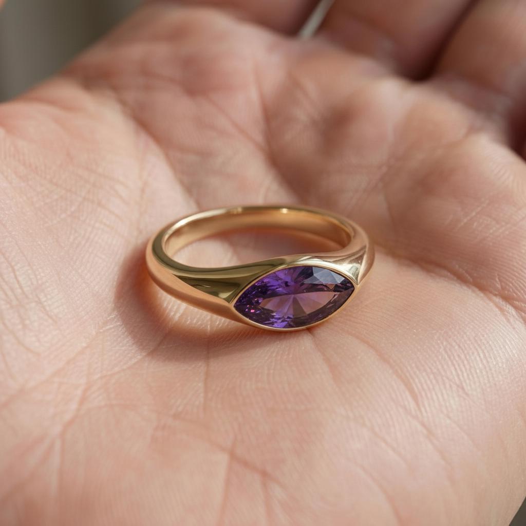 1.5ct Marquise Bezel Amethyst Ring, 14K Solid Gold Signet Engagement Ring, Minimalist Pinky Promise Gift, February Birthstone Ring