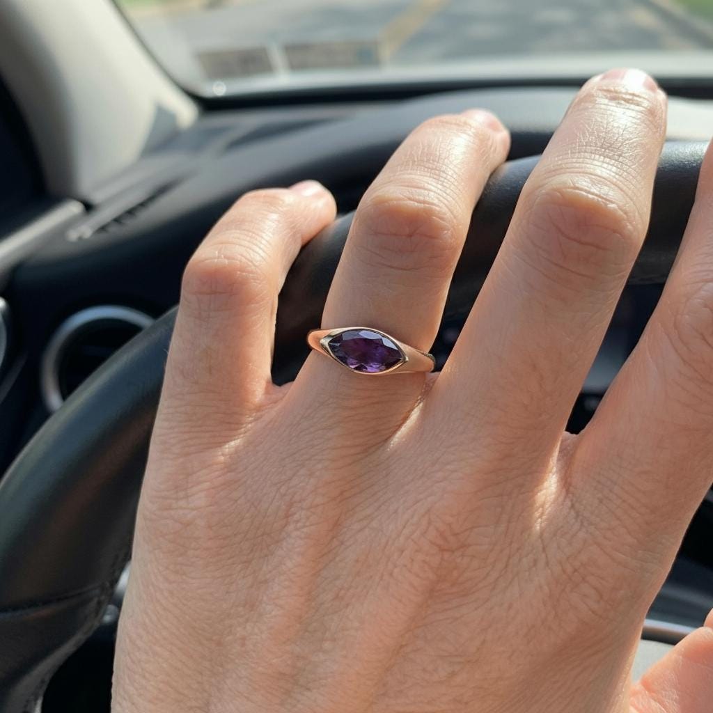 1.5ct Marquise Bezel Amethyst Ring, 14K Solid Gold Signet Engagement Ring, Minimalist Pinky Promise Gift, February Birthstone Ring