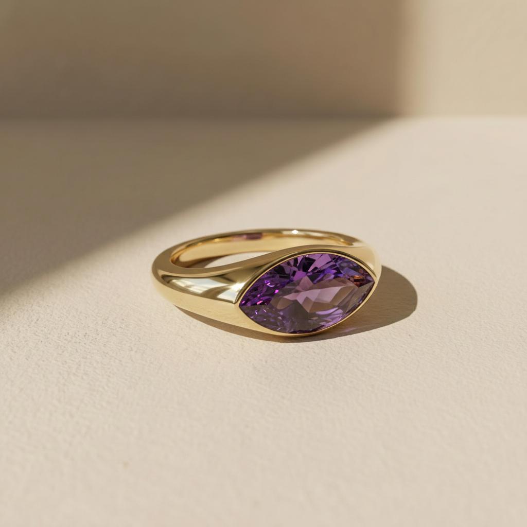 1.5ct Marquise Bezel Amethyst Ring, 14K Solid Gold Signet Engagement Ring, Minimalist Pinky Promise Gift, February Birthstone Ring