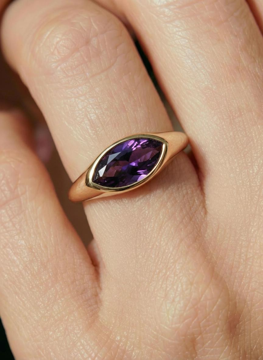 1.5ct Marquise Bezel Amethyst Ring, 14K Solid Gold Signet Engagement Ring, Minimalist Pinky Promise Gift, February Birthstone Ring