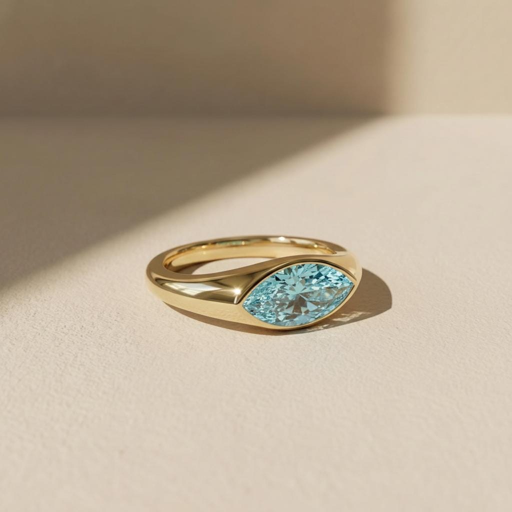 1.5ct Marquise Bezel Aquamarine Ring, 14K Solid Gold Signet Engagement Ring, Minimalist Pinky Promise Gift, March Birthstone Ring