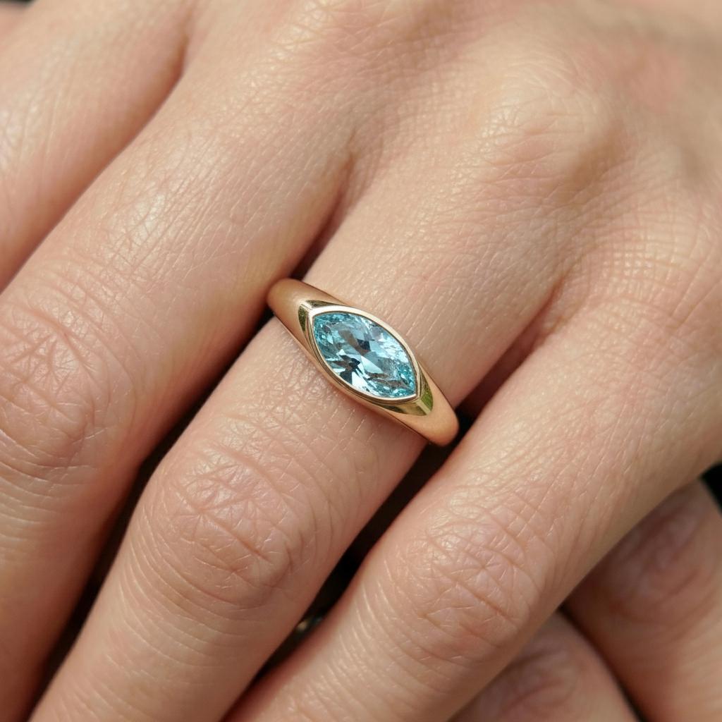 1.5ct Marquise Bezel Aquamarine Ring, 14K Solid Gold Signet Engagement Ring, Minimalist Pinky Promise Gift, March Birthstone Ring