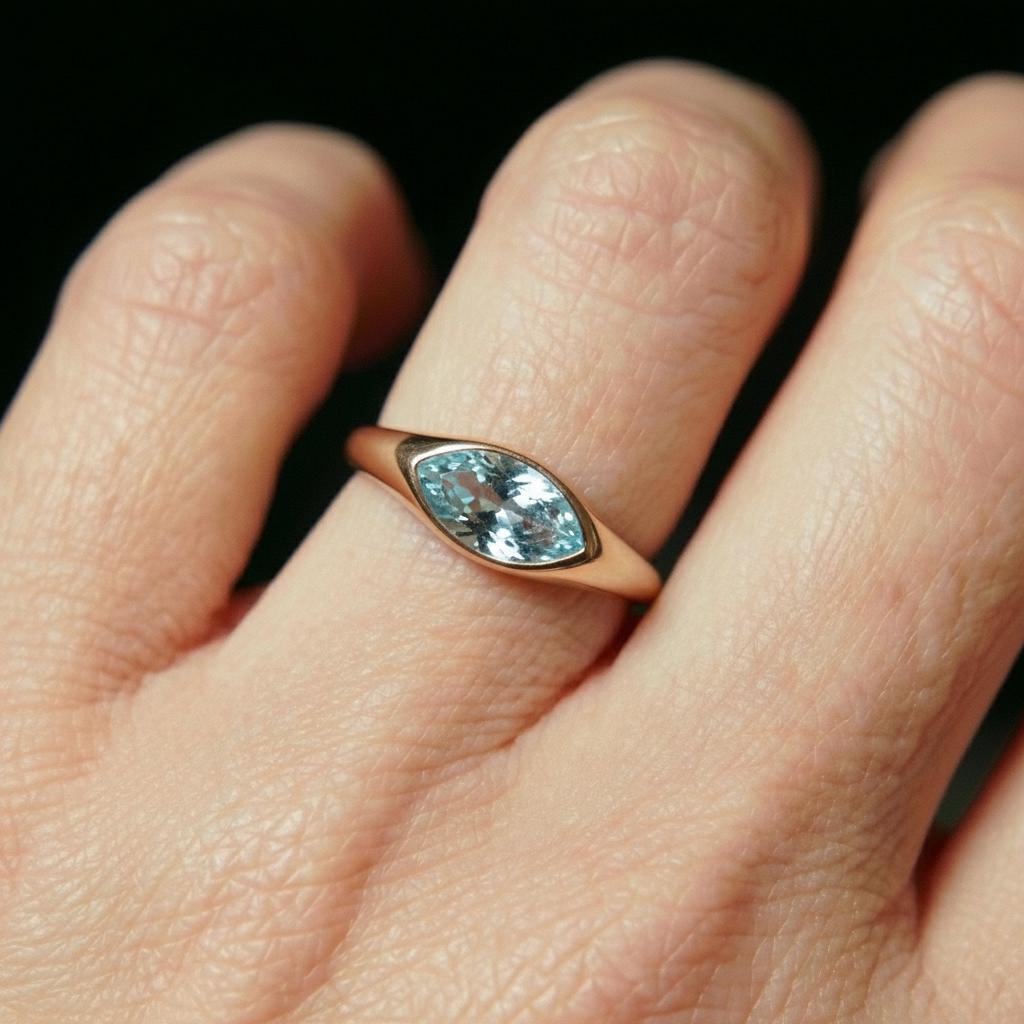 1.5ct Marquise Bezel Aquamarine Ring, 14K Solid Gold Signet Engagement Ring, Minimalist Pinky Promise Gift, March Birthstone Ring