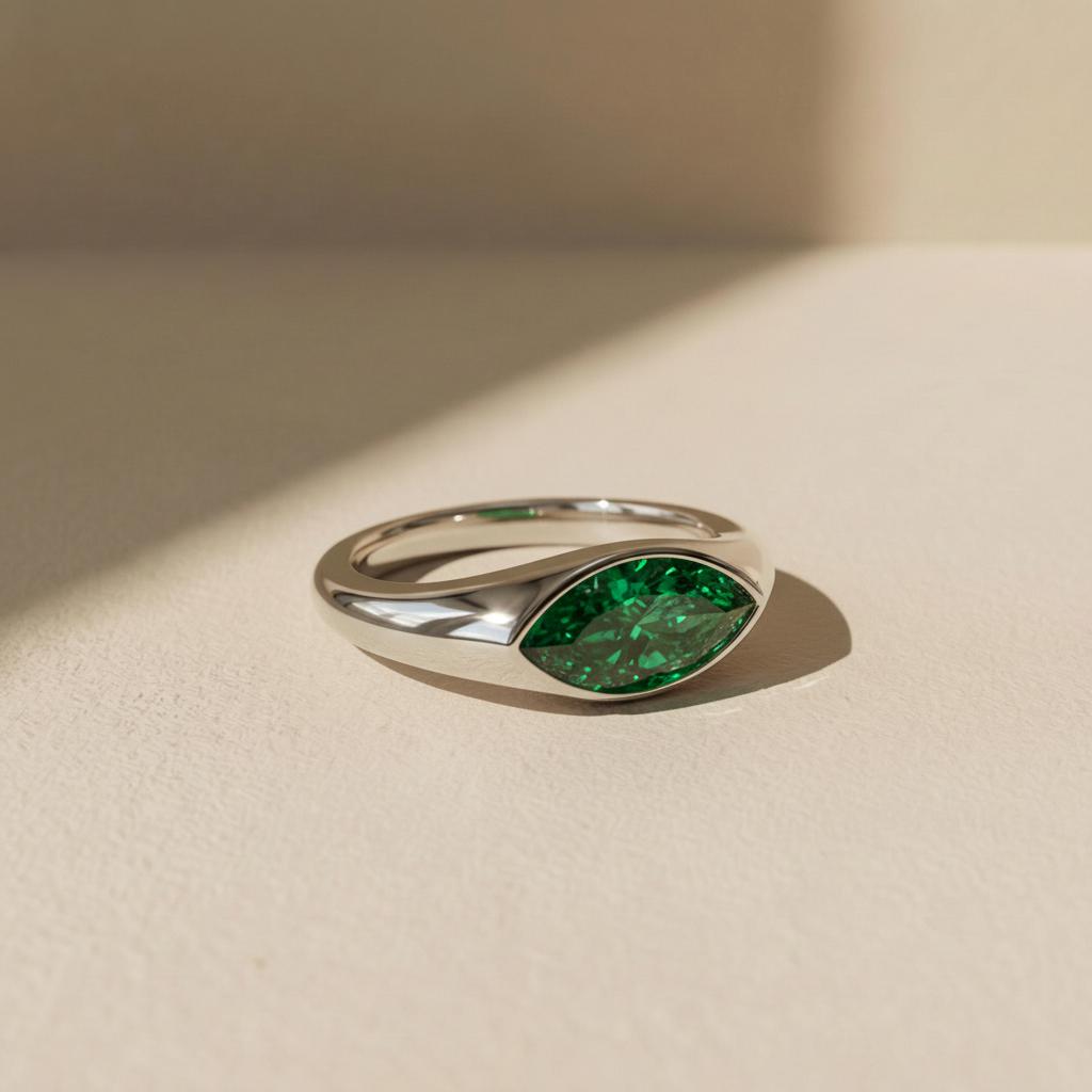 1.5ct Marquise Bezel Emerald Ring, 14K Solid Gold Signet Engagement Ring, Minimalist Pinky Promise Gift, May Birthstone Ring
