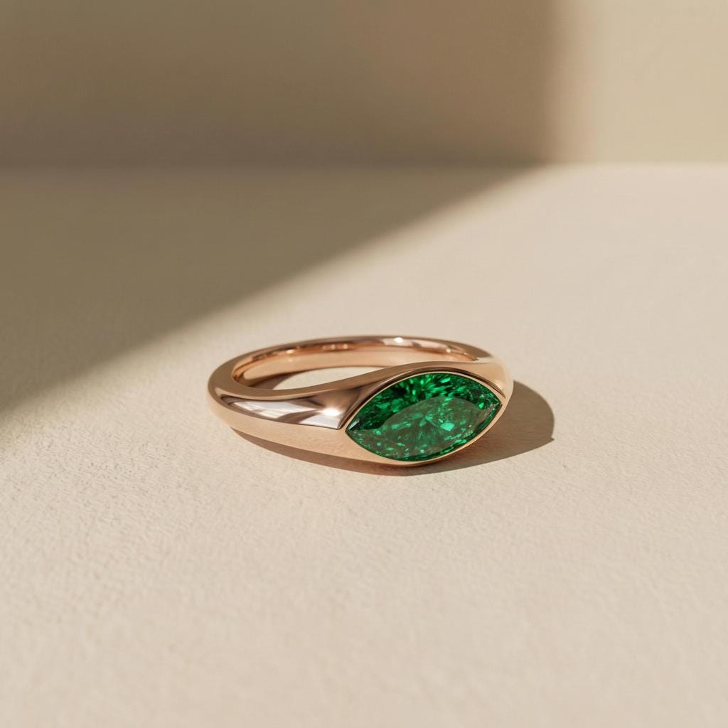 1.5ct Marquise Bezel Emerald Ring, 14K Solid Gold Signet Engagement Ring, Minimalist Pinky Promise Gift, May Birthstone Ring